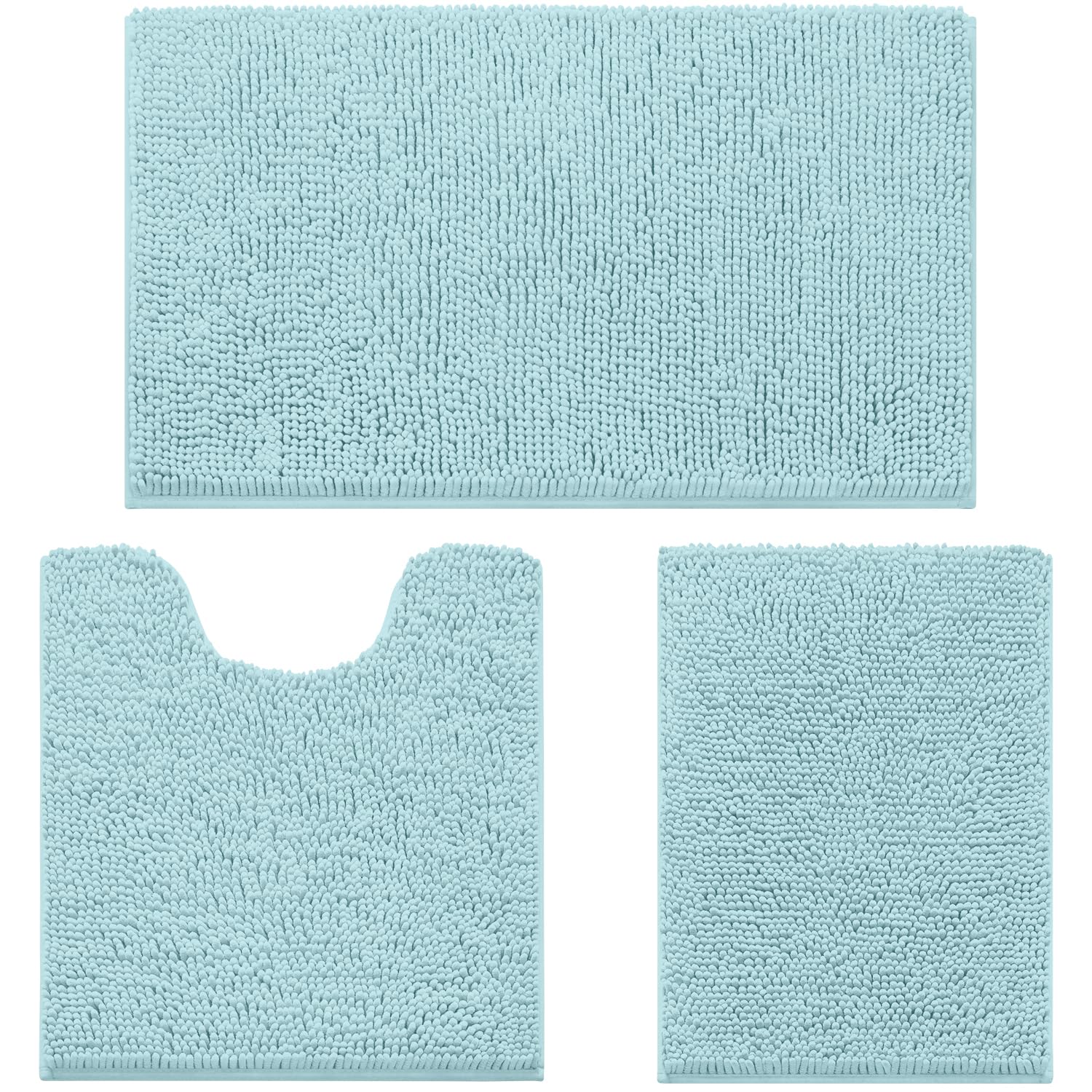 HOMEIDEAS 3 Pieces Bathroom Rugs, Ultra Soft Non Slip Absorbent Chenille Toilet Bath Mat Set (Light Blue)