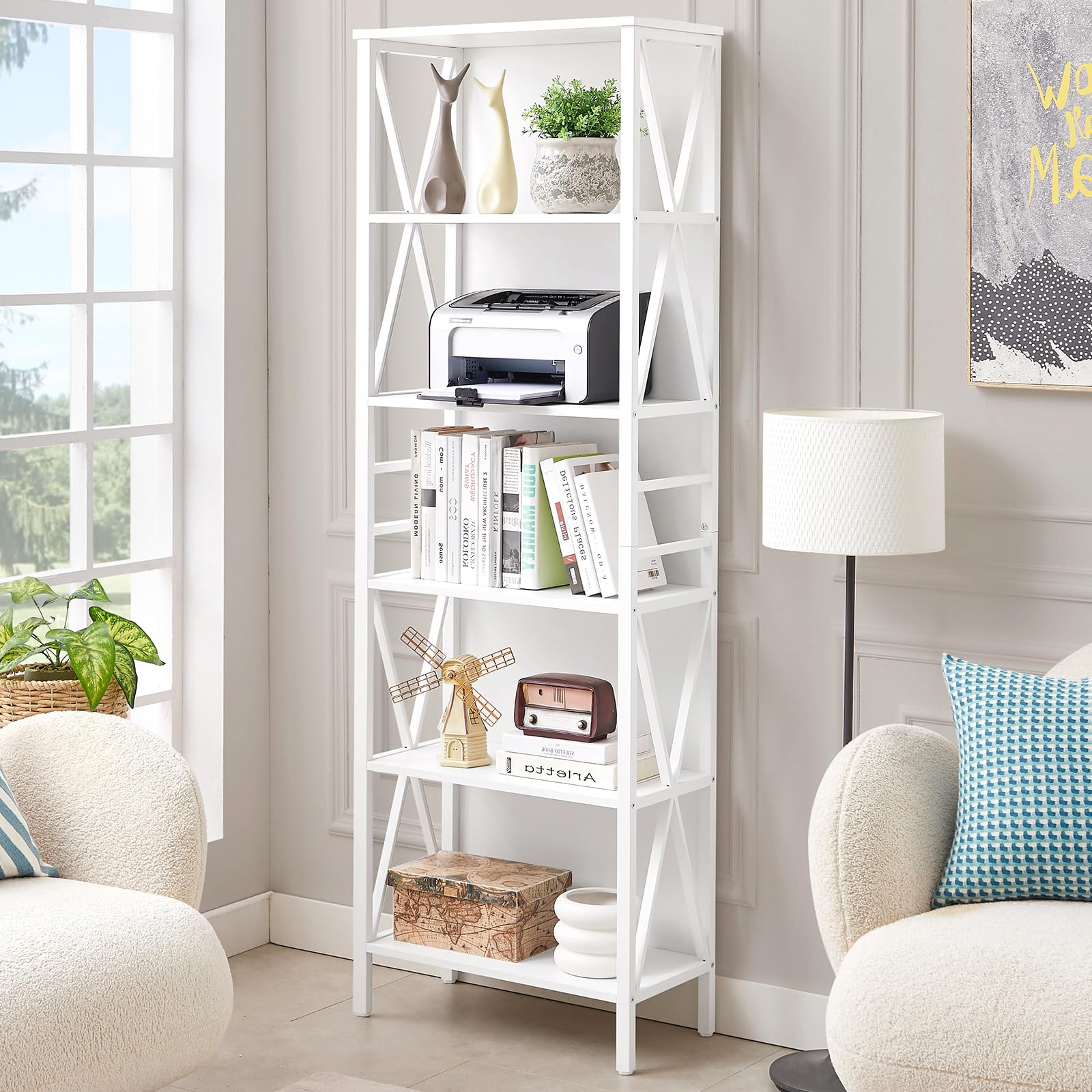 HOMISSUEBookshelf, 6-Tier Tall Bookshelf, Rustic Wood Metal Bookshelves and Bookcases, Freestanding Open Bookshelf, Industrial Bookcase for Home Office, Living Room and Bedroom, White