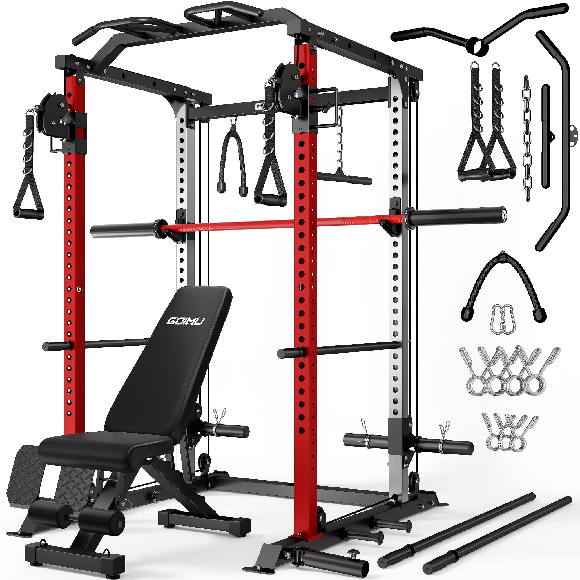 DP01 Power Cage, 2000LBS Squat Rack with Cable Crossover and Dual Independent Pulley System, Full Cage for Full Body Training, Power Rack with More Training Attachments for Home Gym