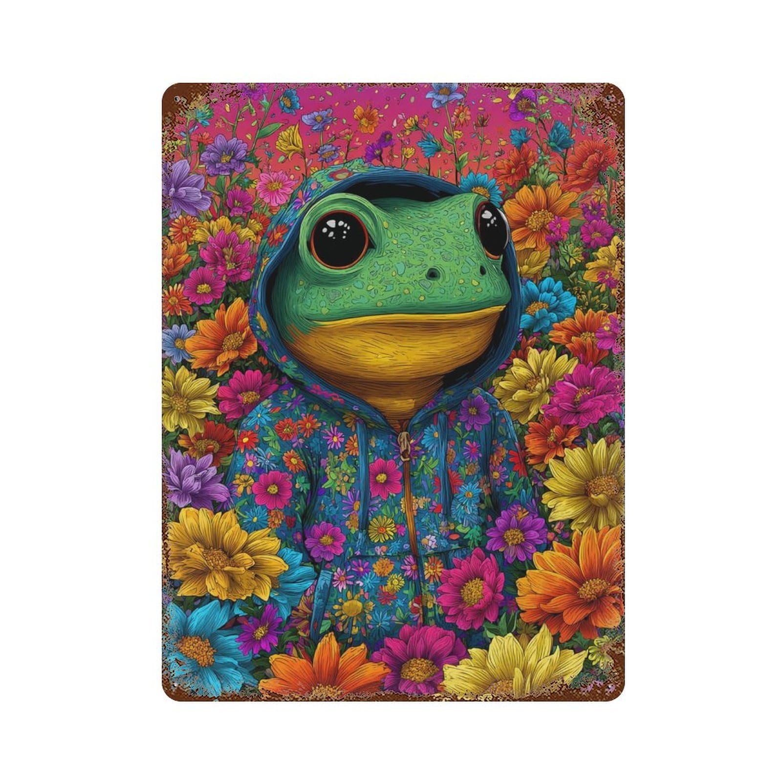 Frog in Floral Hoodie-3 15.7"x11.8" Rusty Metal Tin Sign, Novelty Wall Decor for Cafe, Home Bar And Lounge Decor