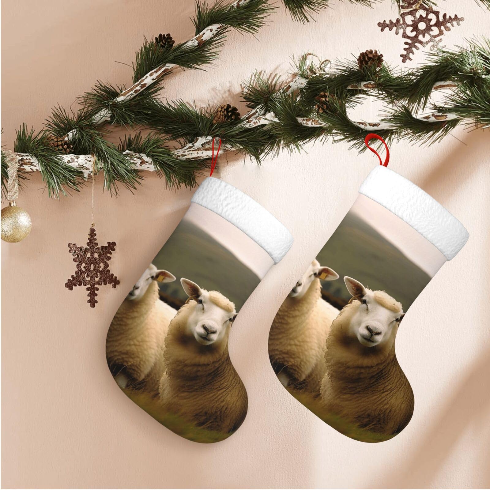 17.7" Christmas Stocking 1 Piece, Two White Sheep Xmas Stockings with White Plush Cuff Fireplace Hanging Stocking for Christmas Holiday Party Decoration