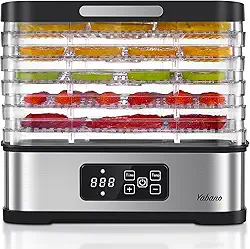 Yabano Máquina desidratadora de alimentos para uso doméstico, secador elétrico de 250 W com temporizador ajustável e controle de temperatura, 5 bandejas - Predefinições digitais para frutas, carne