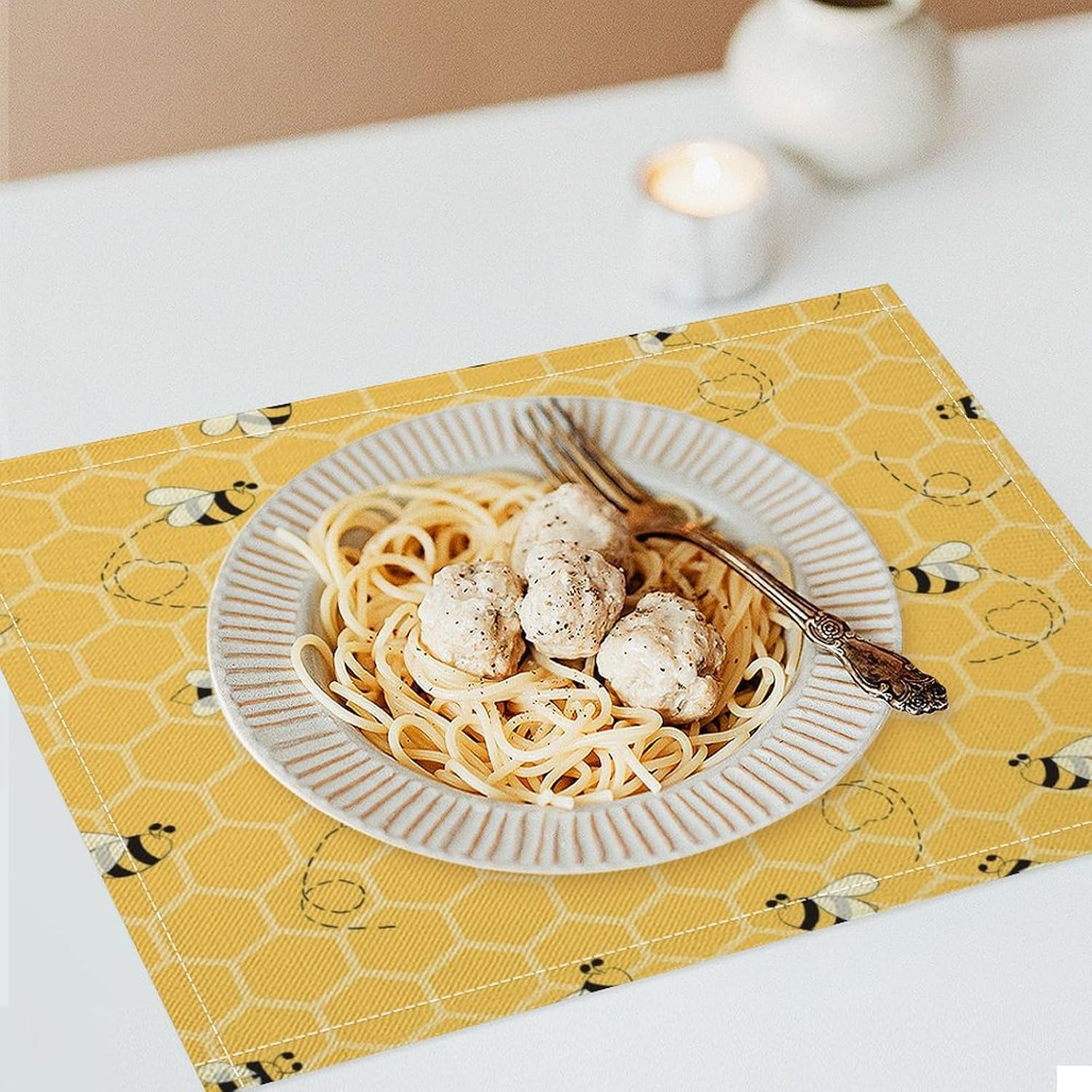 Flying Bees Placemats Set of 6, 17x12 Inch Rustic Vintage Geometric Hexagonal Honeycomb Yellow Art Print Table Mats for Home Party Kitchen Dining Decor