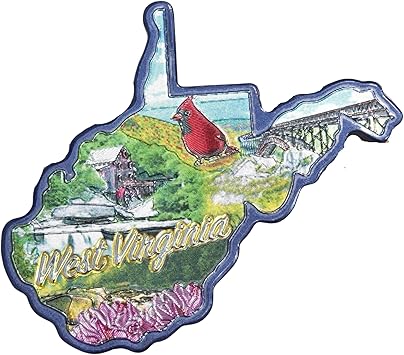 West Virginia Mountain State Metallic Magnet, Cardinal and Bridge Souvenir, 2.5-Inch