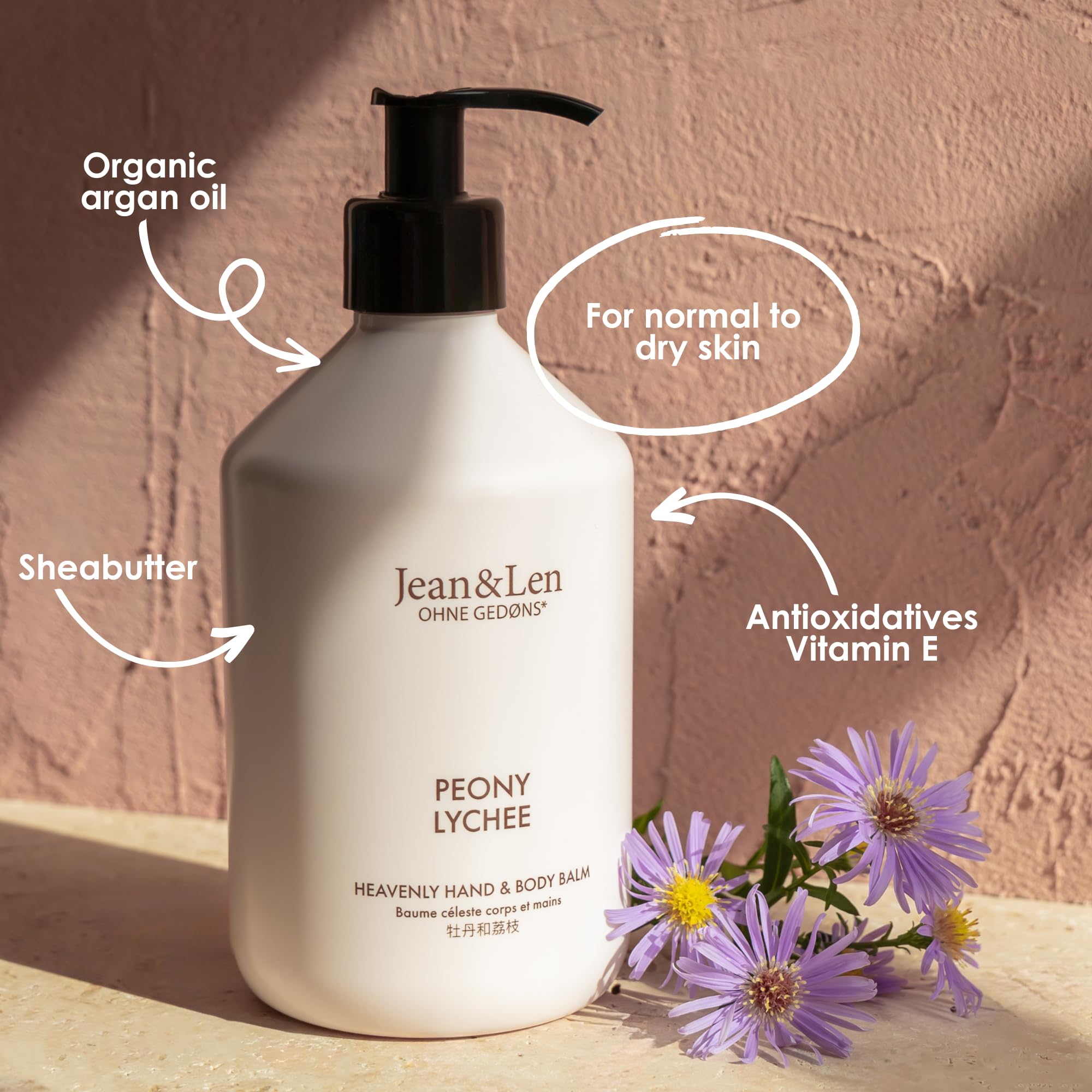 Jean & Len Heavenly Balm do rąk i ciała Peony & Lychee, dla pachnących doznań pielęgnacyjnych, z bio-olejkiem arganowym i masłem shea, minimalistyczna butelka, bez parabenów i silikonów, wegański, 500