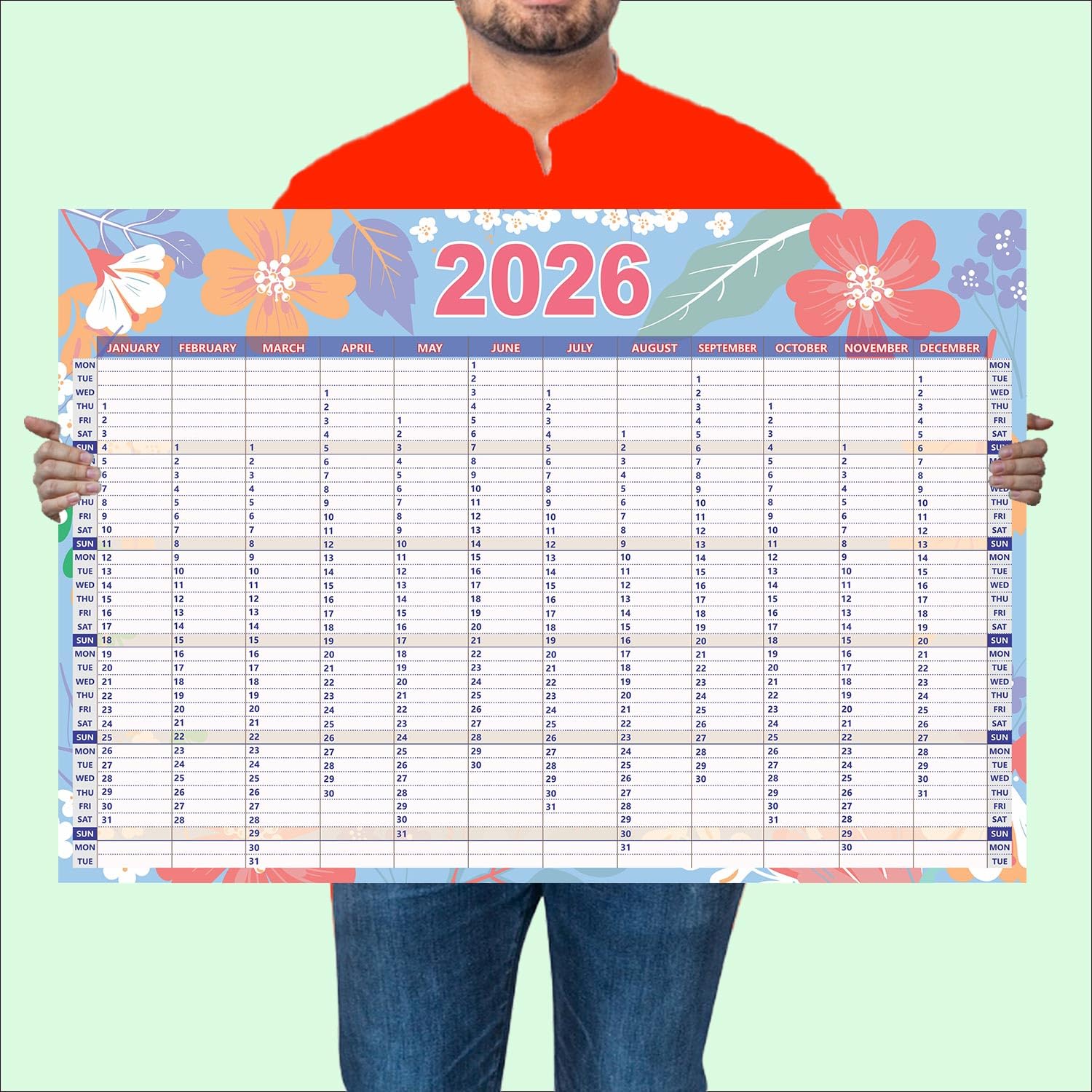 Blue flower Year Planner & Calendar bigger size single page year planner 2026, Big size 50x72, entire view in gallence page (Blue flower)-image-11