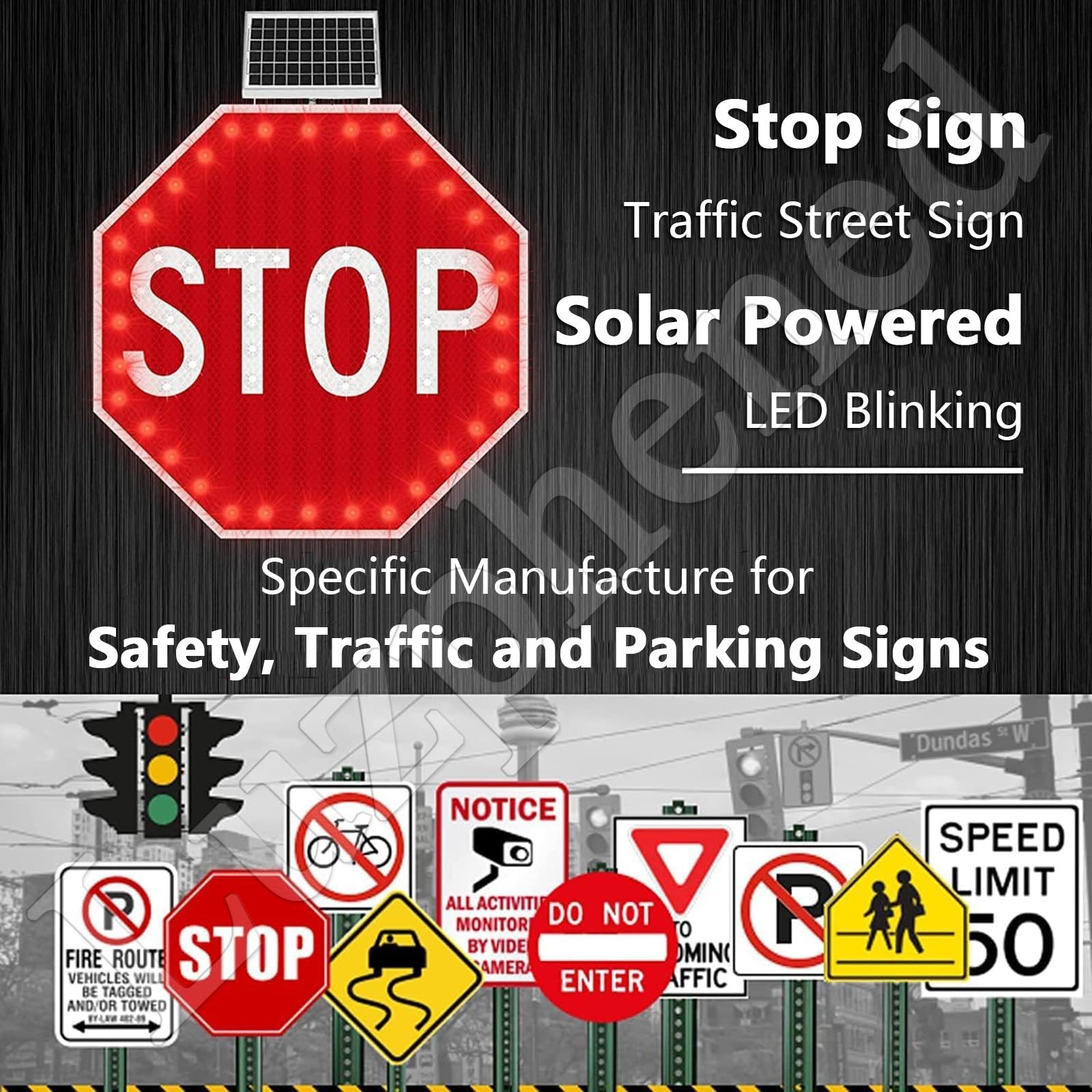 Señal de stop LED con energía solar con película reflectante de grado industrial, señal de tráfico intermitente roja, señales de carretera octagonales de aluminio pesado, resistente al agua IP65 30''