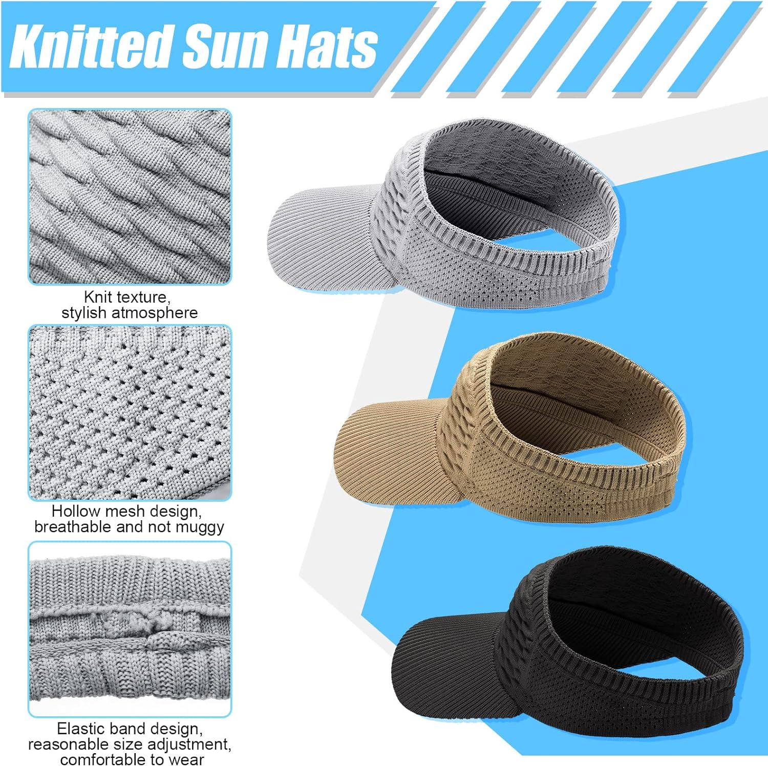 3 Pieces Women Sun Visor Hat for Women Knitted Hats Summer Beach Hat Elastic Sports Hat Empty Top Quick Drying Wide Brim Golf - Image 7