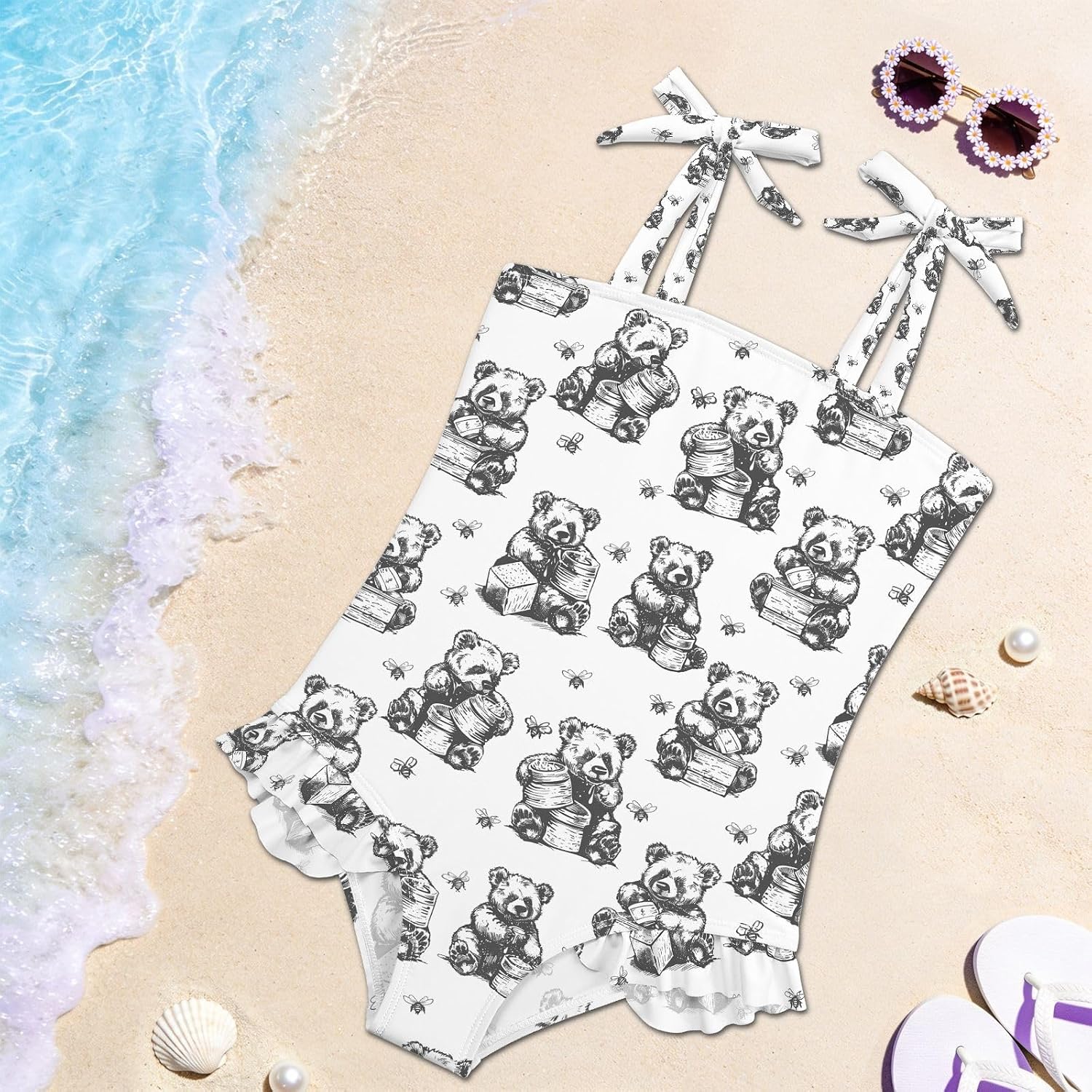 visesunny Toddler Girl Swimsuit Adjustable Strap Swimwear Sketch Bear Honey Bathing Suits for Girls 18M-6Y