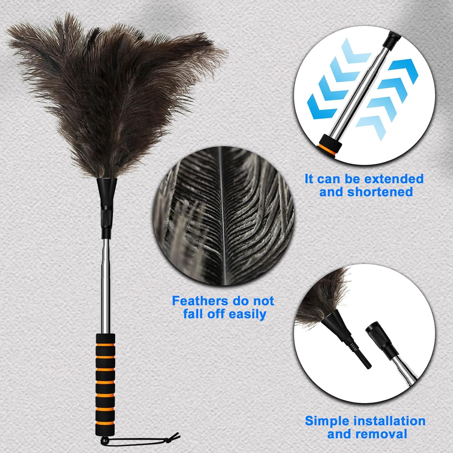 Extendable Ostrich Feather Duster 60 Inches Fluffy Natural Genuine Handheld Feather Duster for Cleaning High Ceiling Pendant Lamp Office Home Furniture Car Supplies