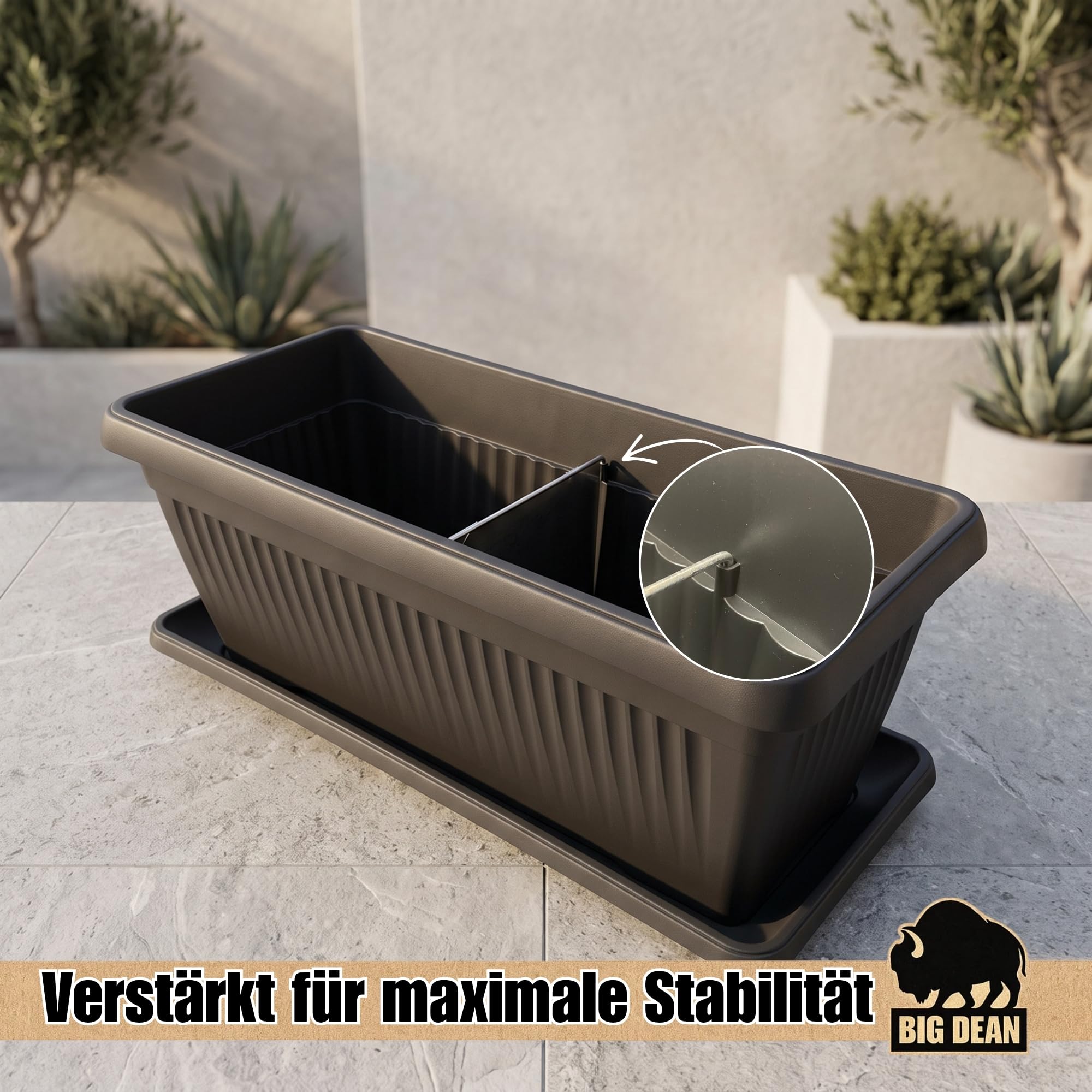 BigDean 3 Stück 60 Liter Blumenkübel Jumbo 80x37,5x30,5cm Blumenkasten | Mediterranes Design, Lieferung inkl. Untersetzer, Farbe: Anthrazit, Pflanzkübel, XXL, Blumentopf, groß