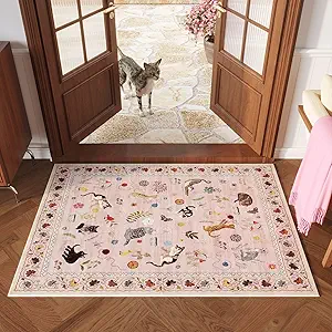 Door Mat Indoor Entrance 2x3 Rug Machine Washable Boho Floral Animal Cat Small Area Rug Non-Slip Low Pile Throw Rugs for Entryway Kitchen Front Door Indoor Entrance Entry Kids Room, Pink