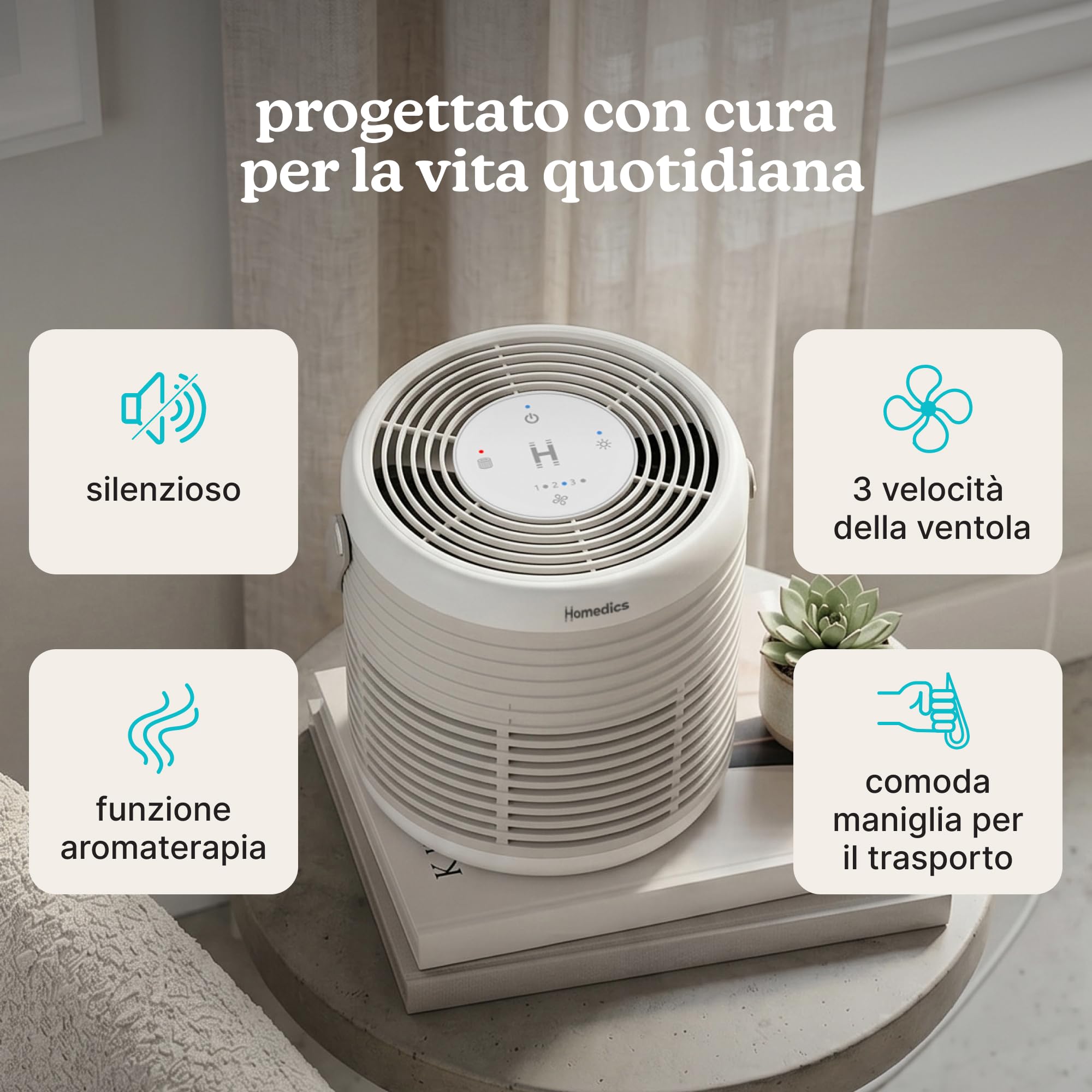 Homedics WhisperPure Comfort Purificatore d'Aria True HEPA, Pietra | Per Casa e Ufficio, Silenzioso e Portatile, Filtrazione 3 in 1 contro Polvere, Pollini, Odori, 3 Velocità