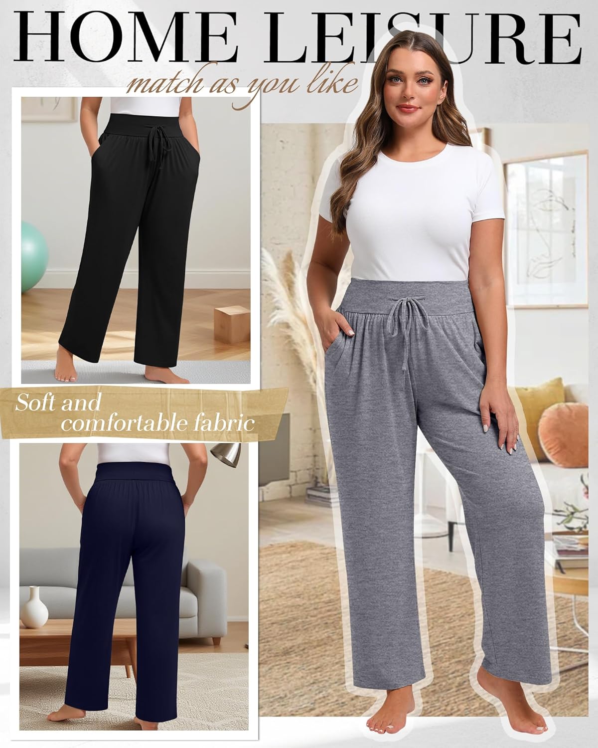 Neer 3 Pack Women's Plus Size Lounge Pants, Wide Leg Yoga Pants Baggy Drawstring Sweatpants with Pockets Casual Loose Jogger - Image 4