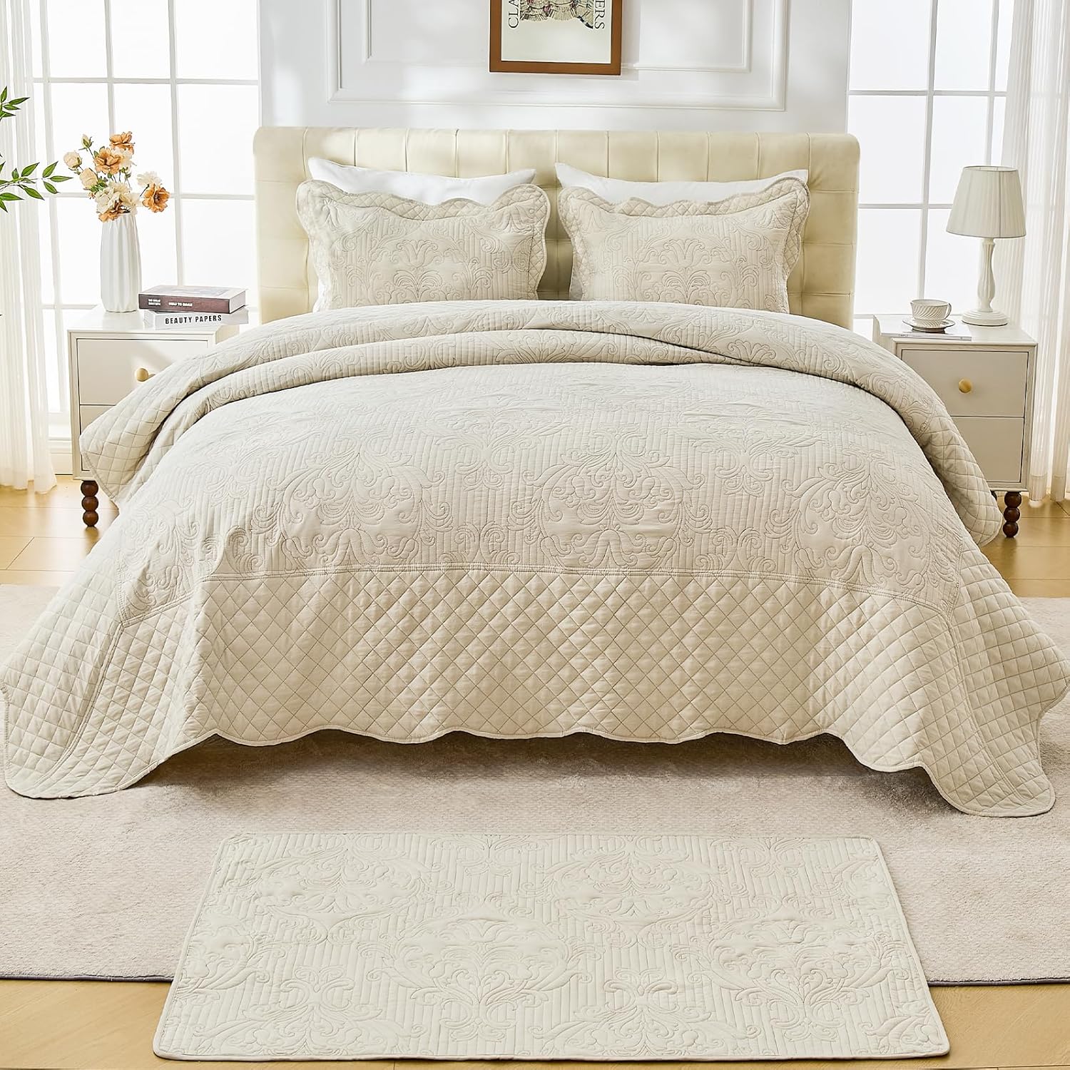 DaisyHuang Oversized Bedspread Coverlet Set King Size - Lightweight Bedding Cover - Beautiful Stitching -Gorgeous Damask Paisley Pattern Quilt Set, Reversible, 4 Piece with Floor Mat, Light Beige