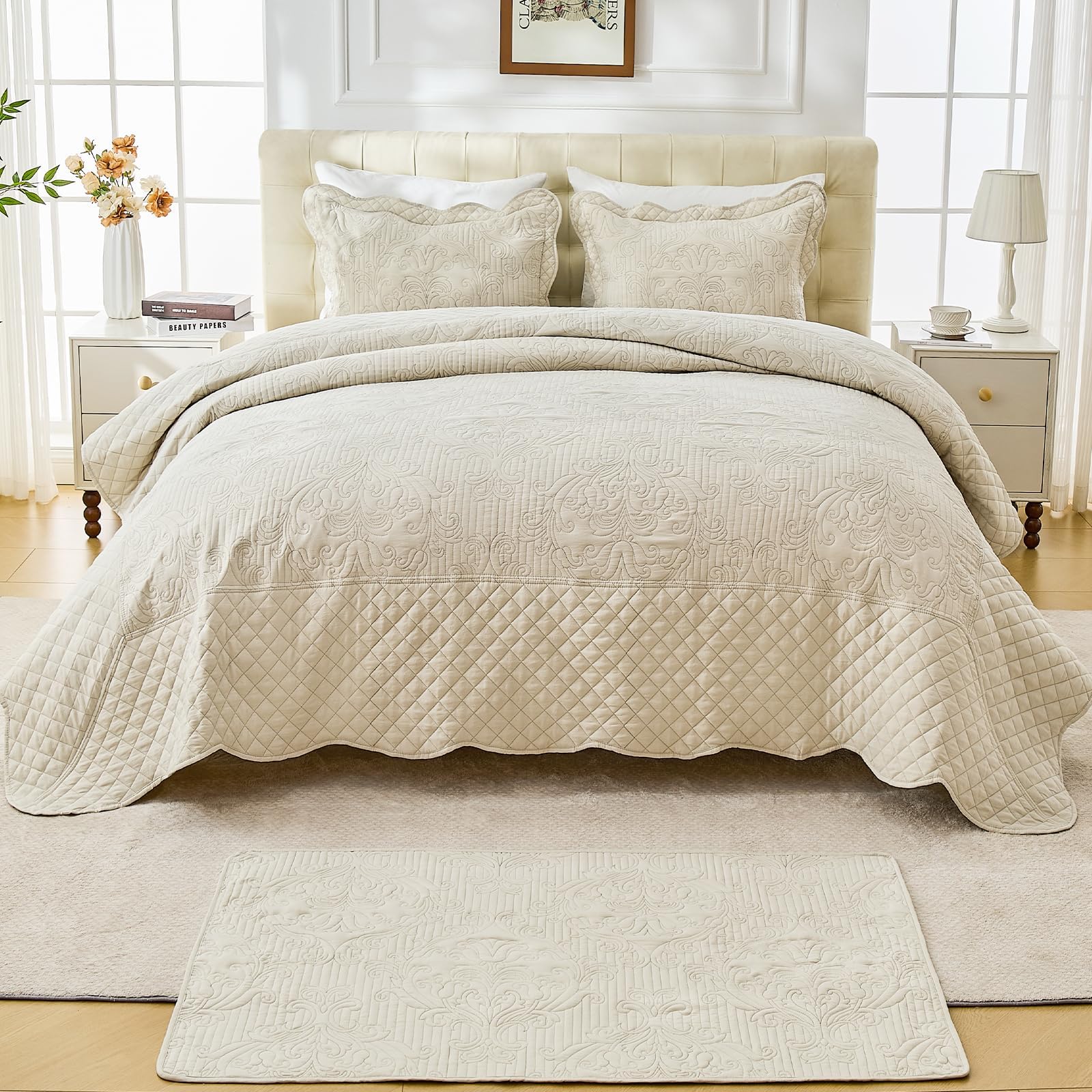 - Oversized Bedspread Coverlet Set King Size - Lightweight Bedding Cover - Beautiful Stitching -Gorgeous Damask Paisley Pattern Quilt Set, Reversible, 4 Piece with Floor Mat, Light Beige