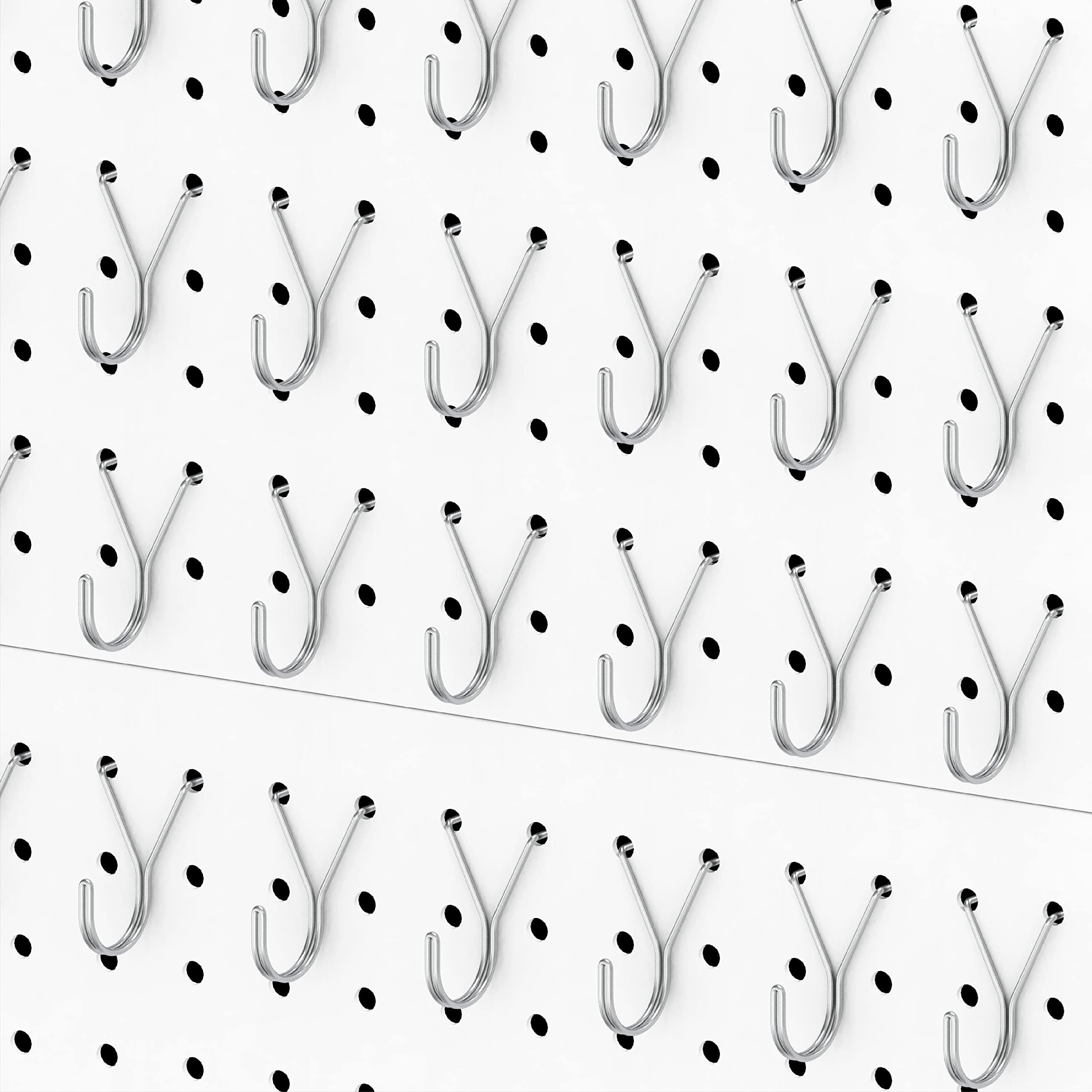 20 Pack Pegboard Hooks - J-Hook Silver Pegs for Displaying Jewelry, Necklaces, Keys, Small Tools - Secure Fit on 1/8”, 3/16” Peg Boards