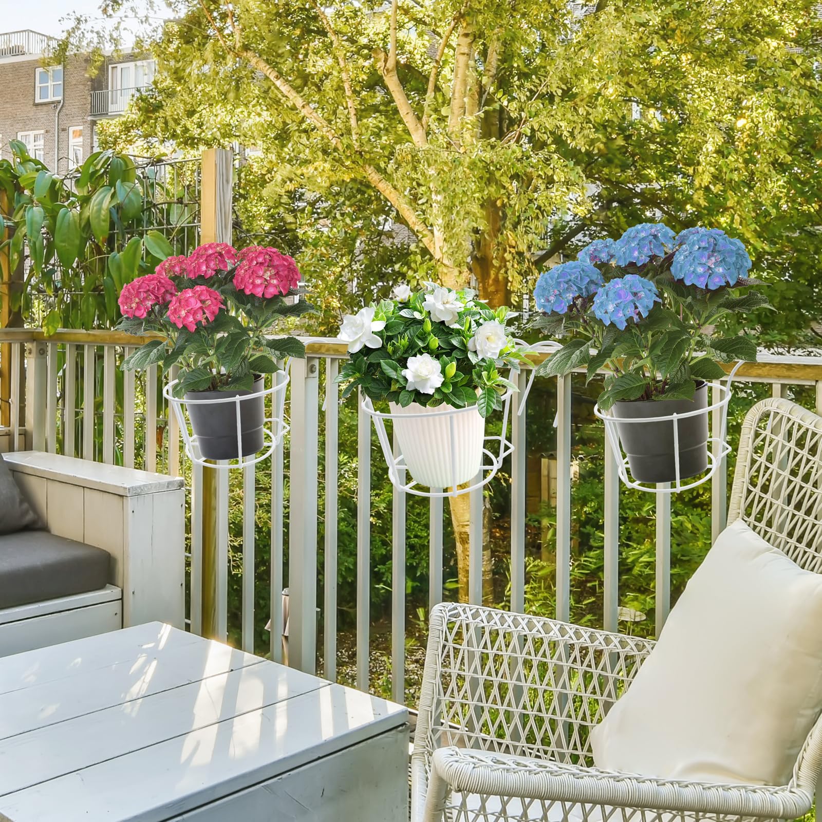 Lot de 3 supports de pot de fleurs ronds à suspendre - En métal - Pour balcon, balcon, jardin, balustrade, clôture - Blanc