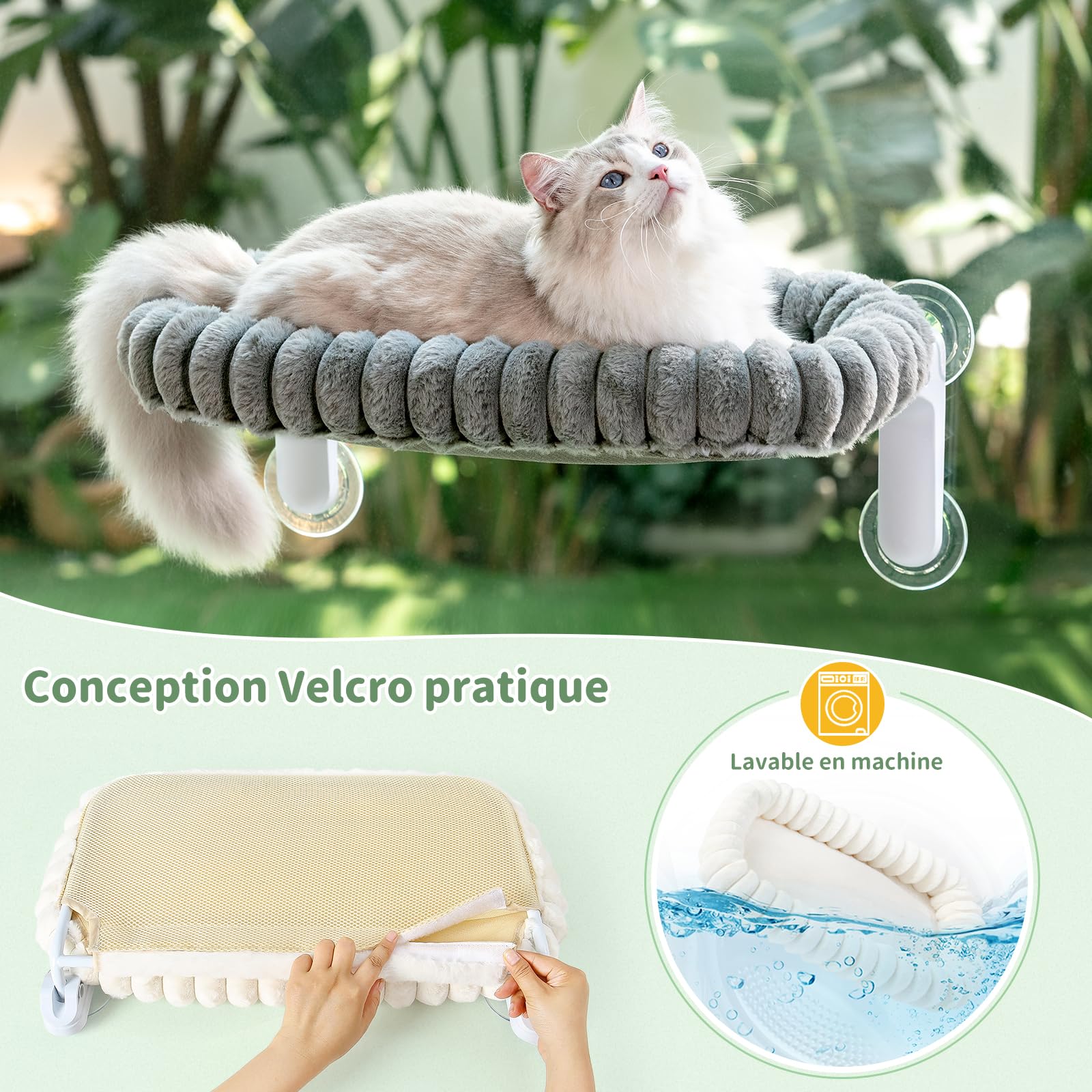 GUUSII HOME Hamac Chat Fenetre Panier Perchoir Transat Suspendu Pliable Support Etagere Cododo Lit pour Coussin Petite et Grande Chats Tapis Réversible Lavable en Machine 54 * 30cm (Gris, M)