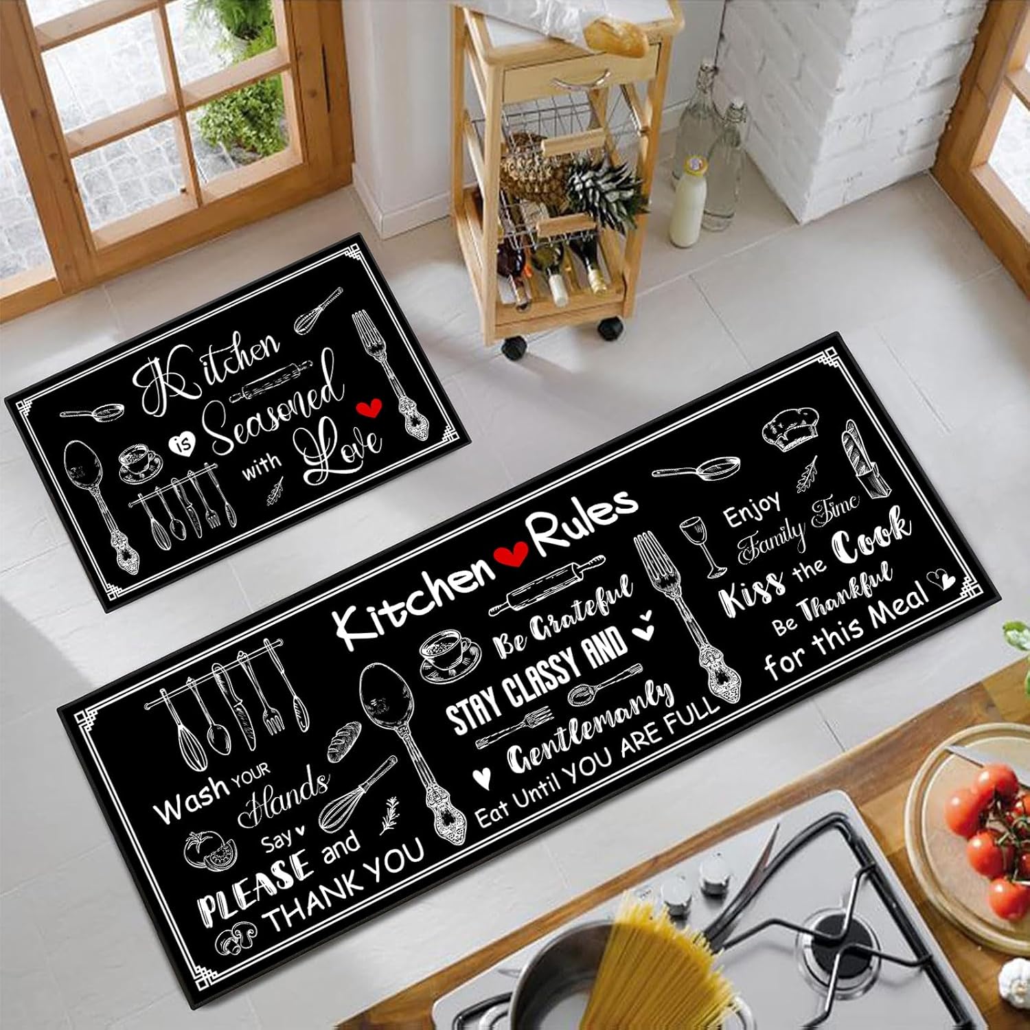 Kitchen Rules Kitchen Rug 2 Piece Set, Black and White Farmhouse Home Decor Non-Slip Floor Mats, Washable Microfiber Runner Carpet 17"x47"+17"x30"