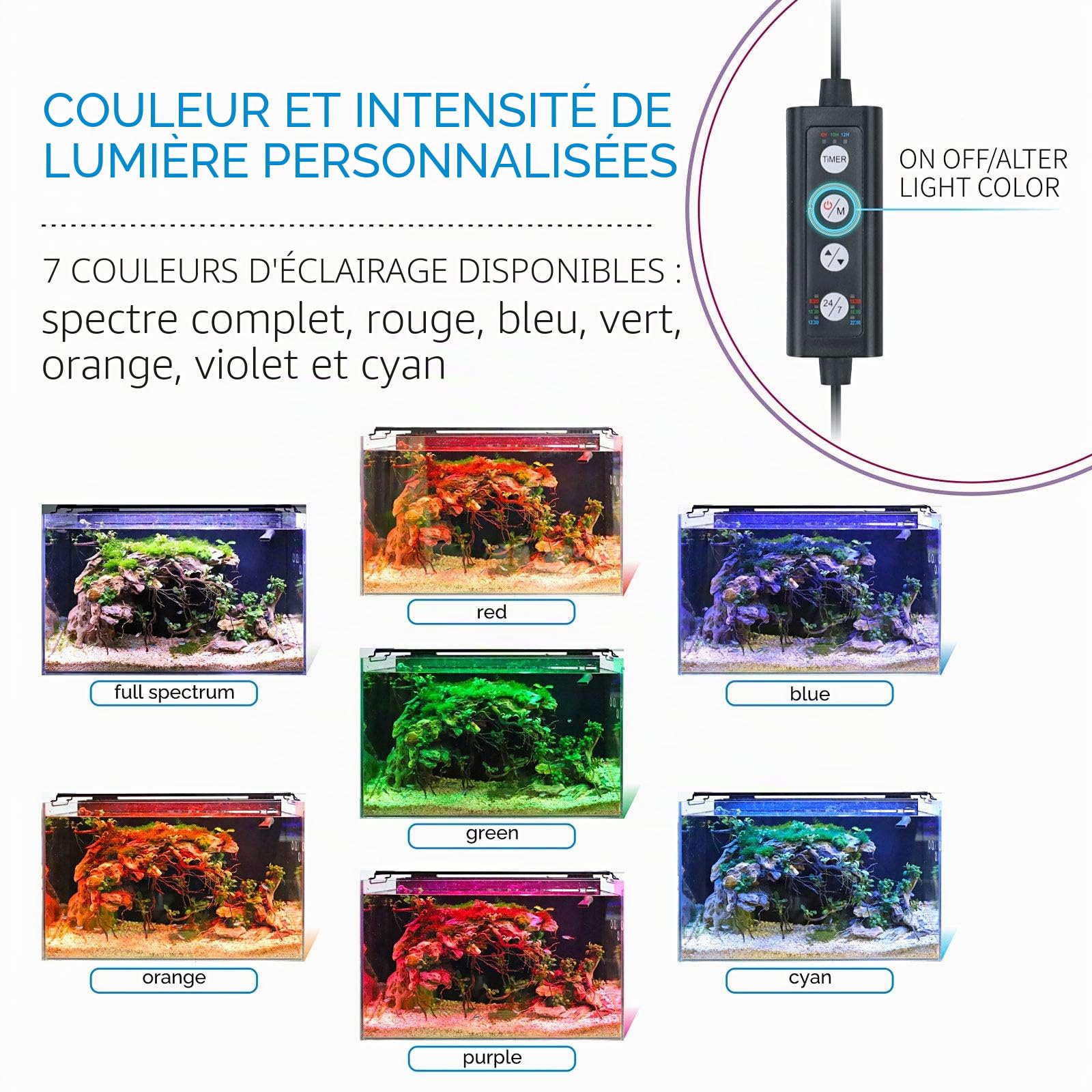 Hygger Aquarium Éclairage 24/7 Lampe Aquarium Led avec Minuterie Réglable,26W Rampe Led d’Aquarium Spectre Complet Rampe LED 7 Couleurs 3 Modes pour Aquariums Plantés