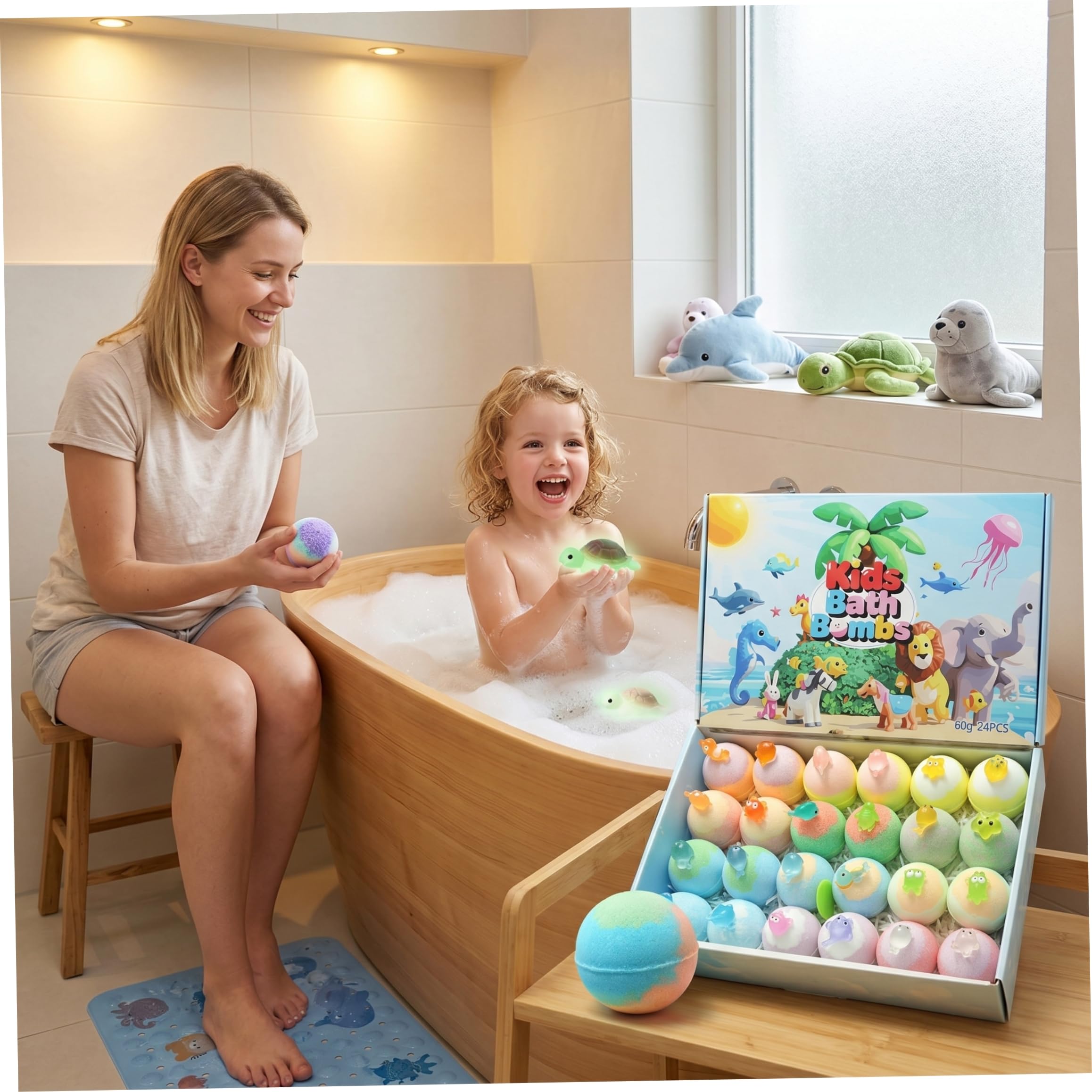 Lot de 24 bombes de bain surprise en forme d'animaux qui brillent dans le pour enfants – Bombes bain pour enfants avec jouets à l'intérieur pour s'amuser à l'heure du, 60 g