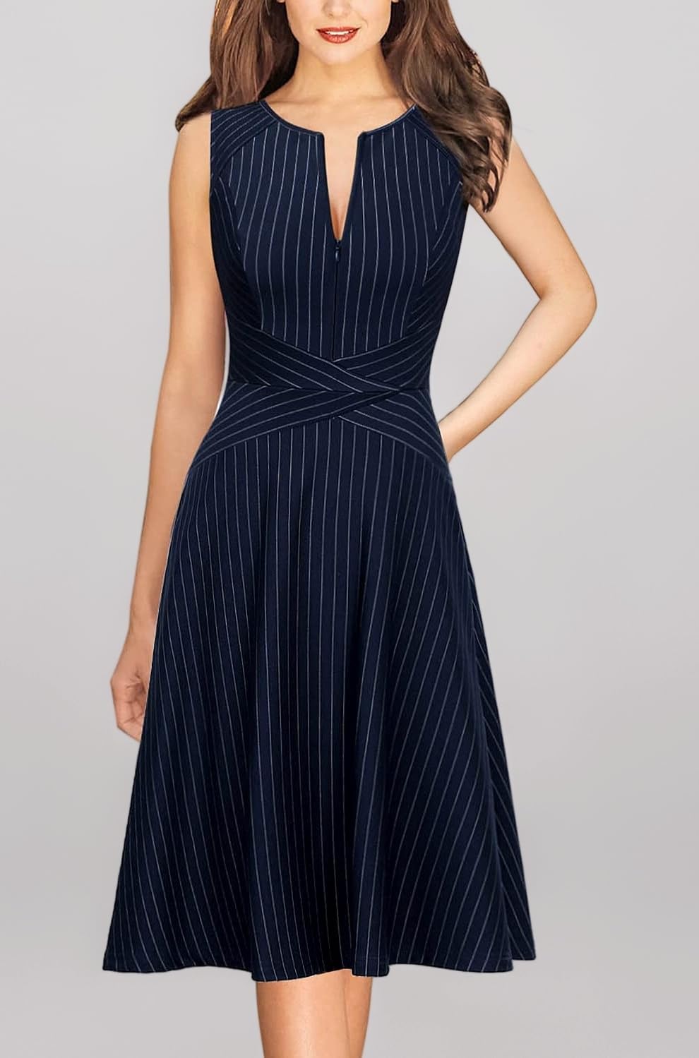 VFSHOW Womens Elegant Front Zipper Slim Work Business Office Party Cocktail Skater A-Line Dress and White Striped