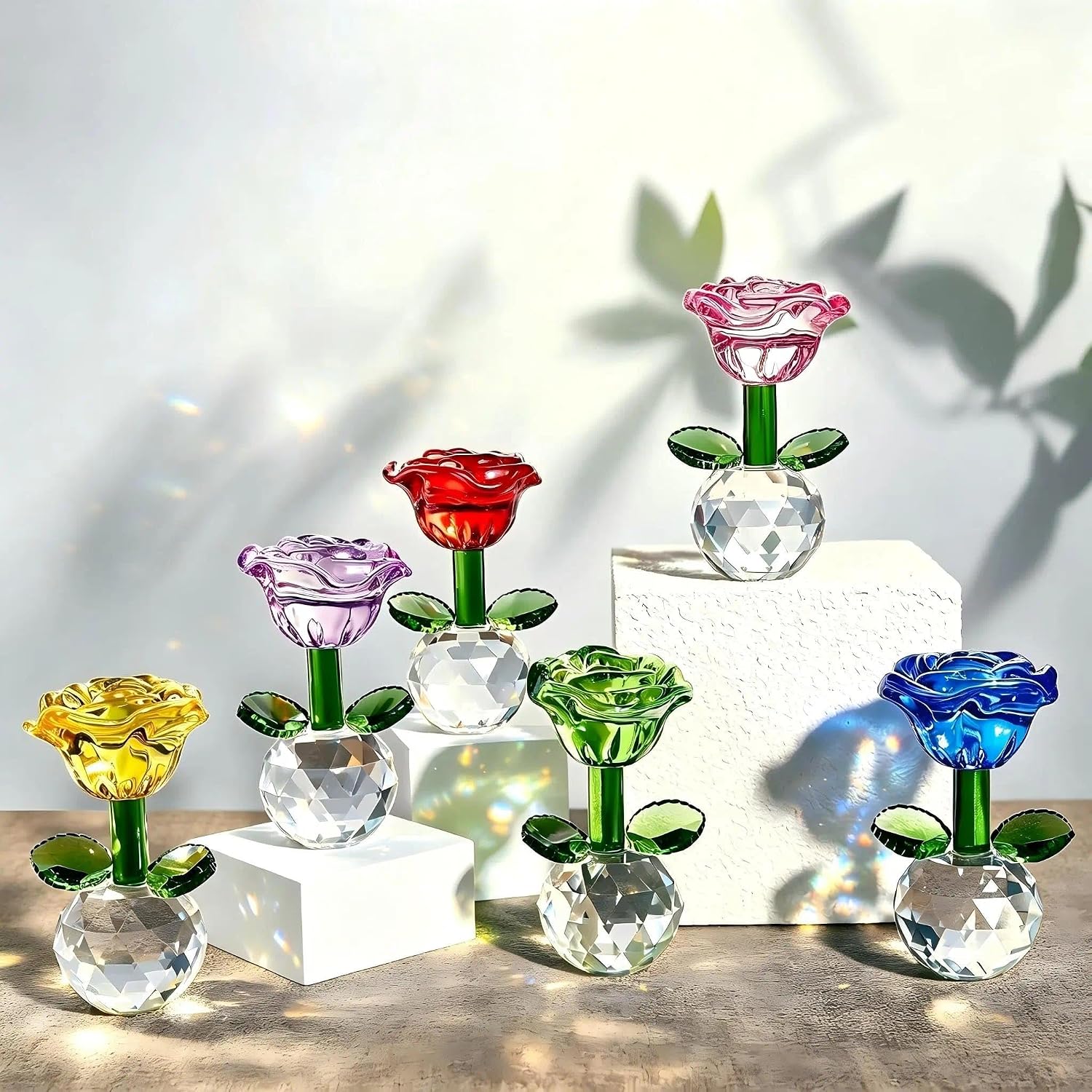 6Pcs 3.5in Glass Flowers Figurines Crystal Colorful Roses | Small Glass Flower, Home Office Table Centerpieces Decorations, Wedding Birthday ChristmasGifts