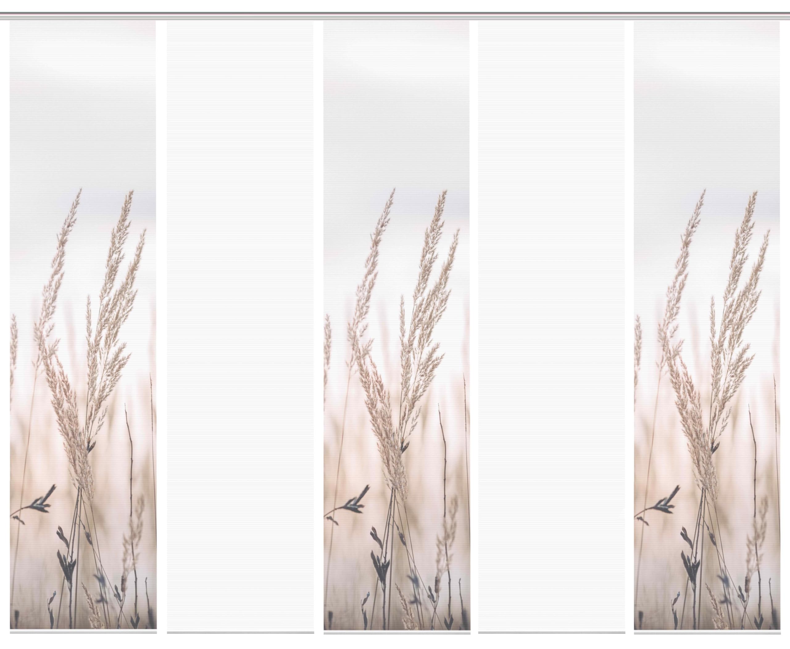 95372 | 5er-Set Schiebegardine 'RELVA', Digitaldruck auf Bambus-Optik, mit abstraktem Gräser-Motiv, 260x60cm, Farbe: Natur