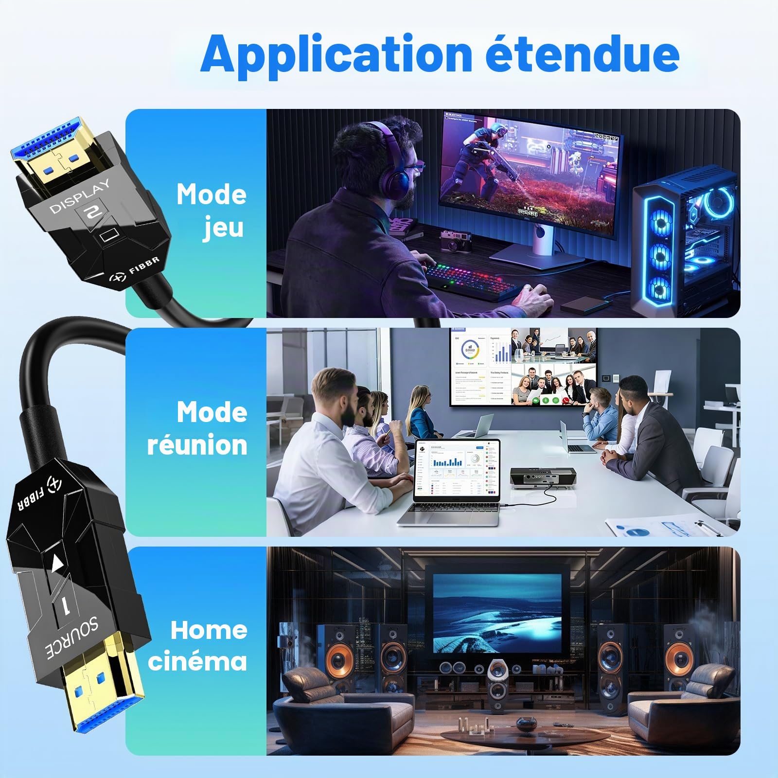 FIBBR 8K HDMI 2.1 Câble Optique 10M, 48Gbps Ultra Rapide HDMI Câble Actif AOC, 8K@60Hz 4K@120Hz/144hz eARC HDCP 2.2 et 2.3 Dynamic HDR Dolby Sound pour Home Cinéma, Amateurs de Jeux, Vidéo HD