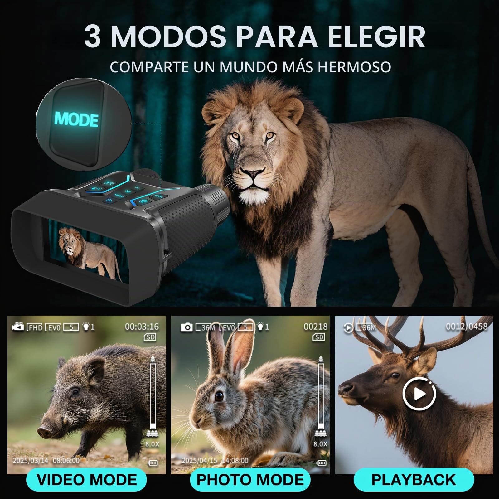 Binoculares Visión Nocturna 4K 36 MP, Zoom Digital 8X y Tarjeta de 32 GB para Fotos y Videos, Pantalla HD de 4,5", Visor Nocturno Infrarroja de 7 Niveles, Alcance de 400 m