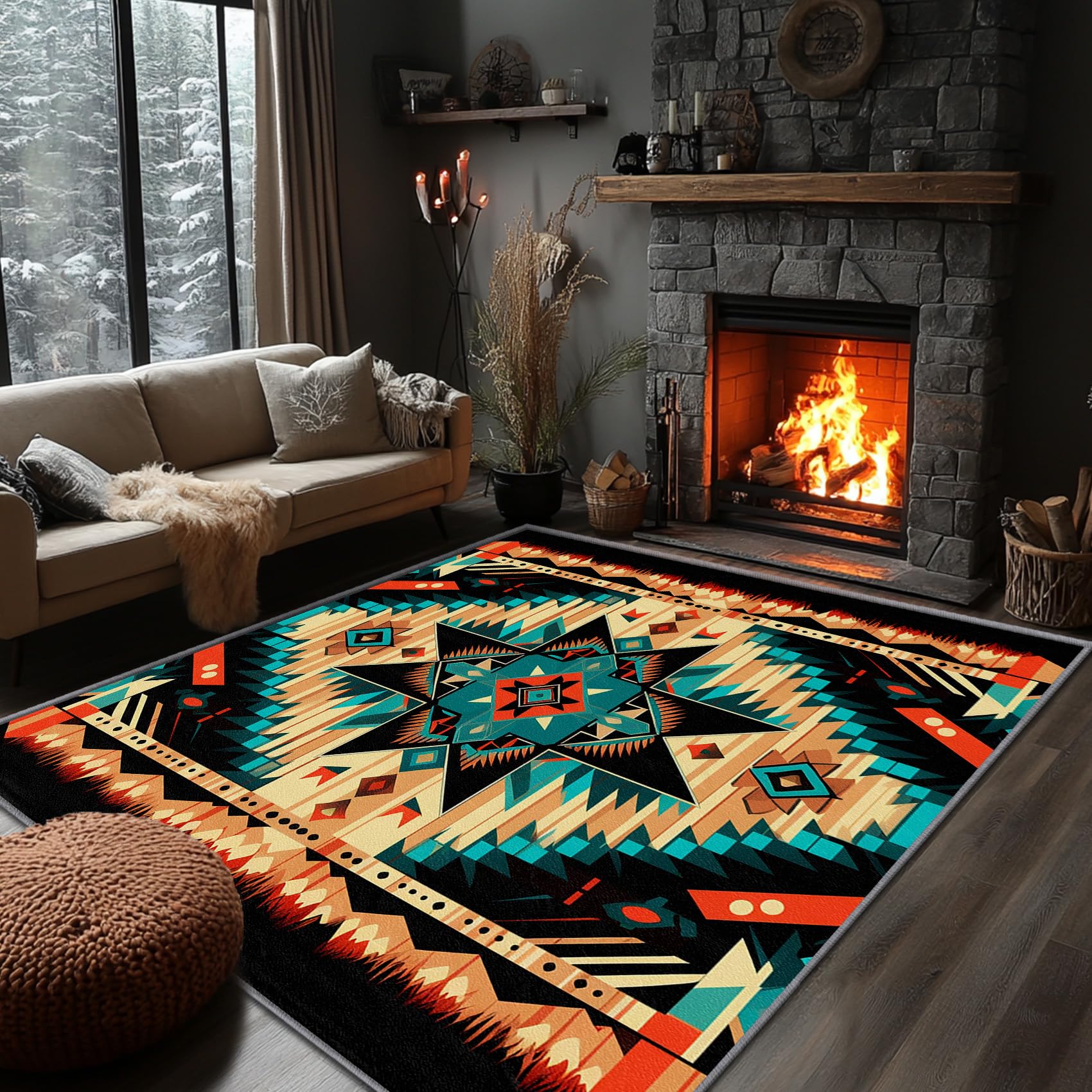 Yoozitrees Aztec Rug Teal - 5x7 Southwest Native American Tribal Area Rug, Colorful Geometric Southwestern Carpet, Washable, Non Slip, Soft Large Rug