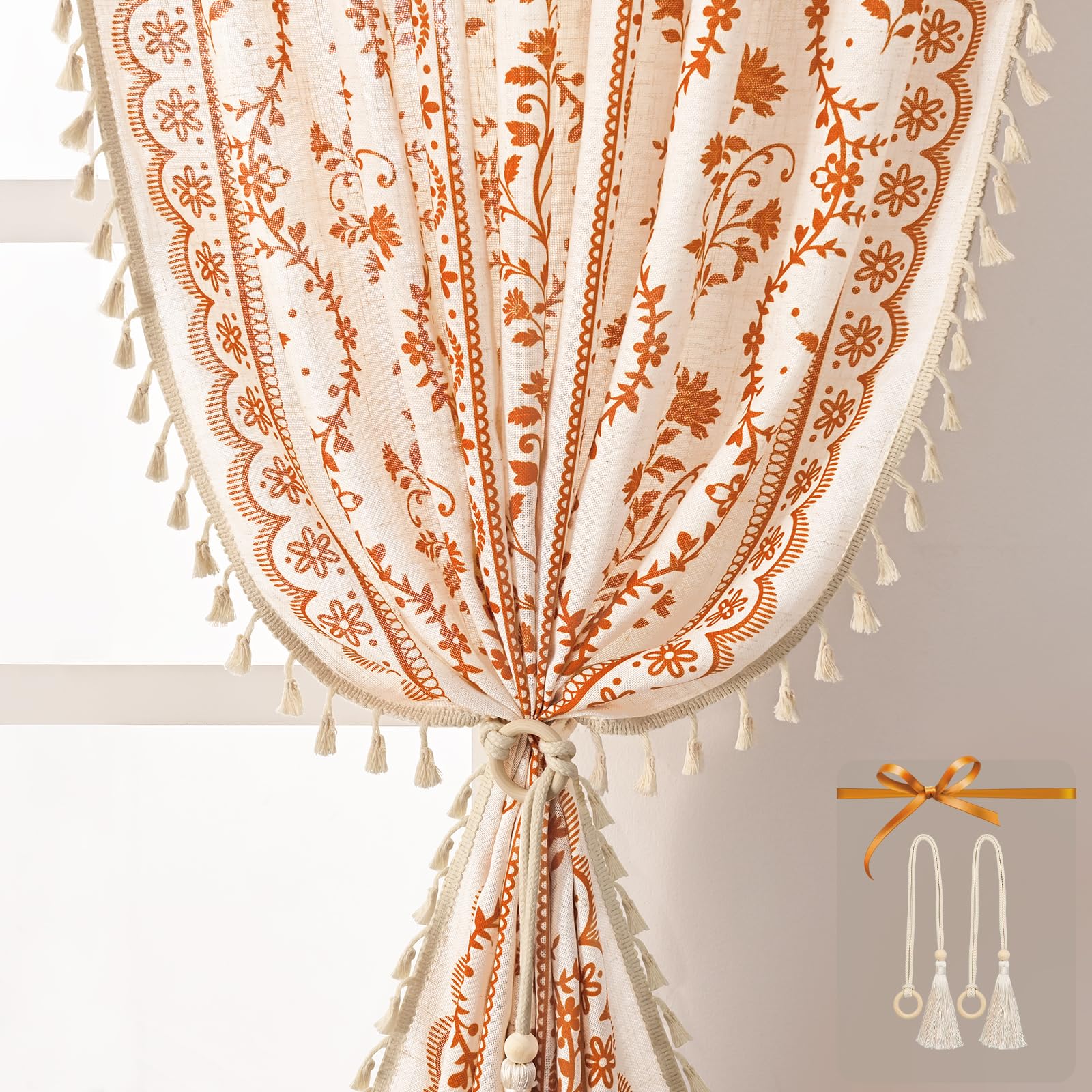 Yinhua Boho Curtains for Living Room 63 Inch Length Vintage Linen Curtains for Bedroom Light Filtering Floral Window Curtain Rod Pocket &amp; Back Tabs Rustic Tassel Drapes with Tiebacks, White Orange