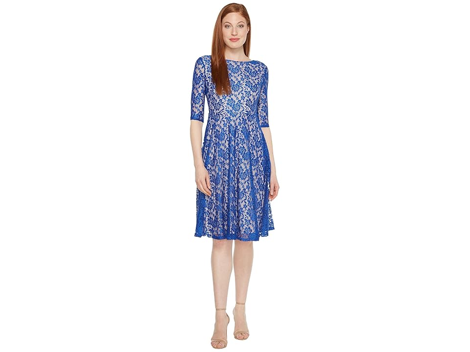 

Sangria 3/4 Sleeve All Over Lace High-Low Hem Fit Flare (Royal/Putty-1) Women's Dress