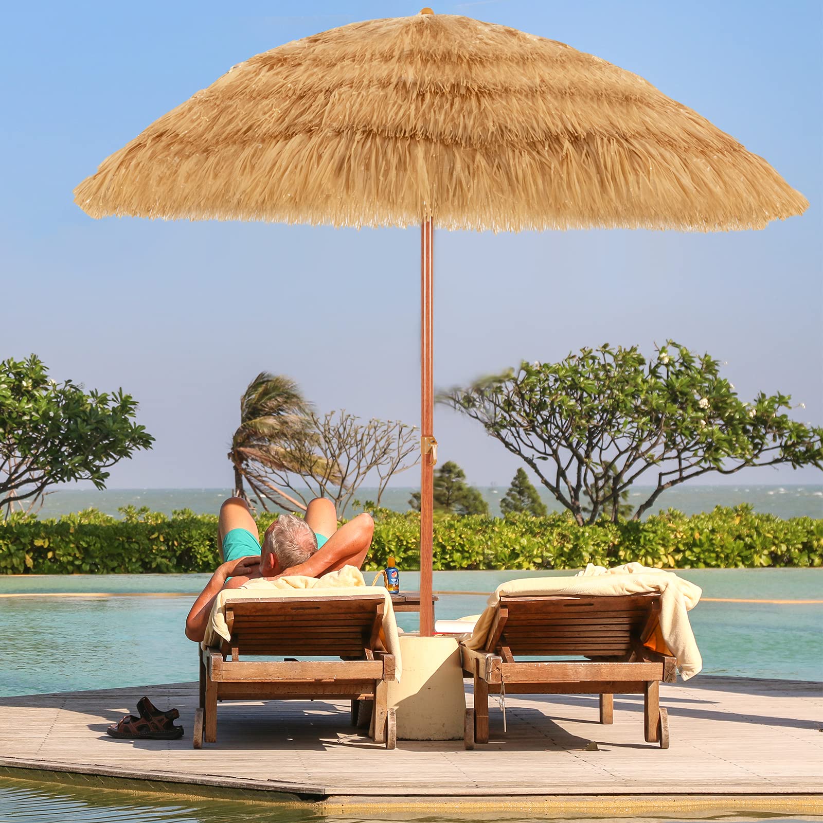 FANTASK Sombrilla Plegable en 30° de 175 cm - Estilo Hawaiano de Paja de Arroz para Balcón, Jardín, Terraza, Playa (Amarillo)