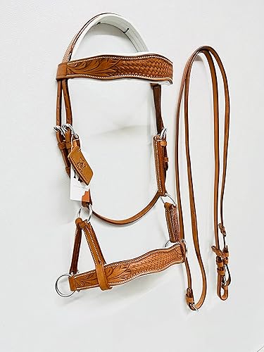 Miniatura 4 de Sidepull - Brida sin mordazas con tallado a mano de diseñador en banda de cejas y banda nasal curvada natural