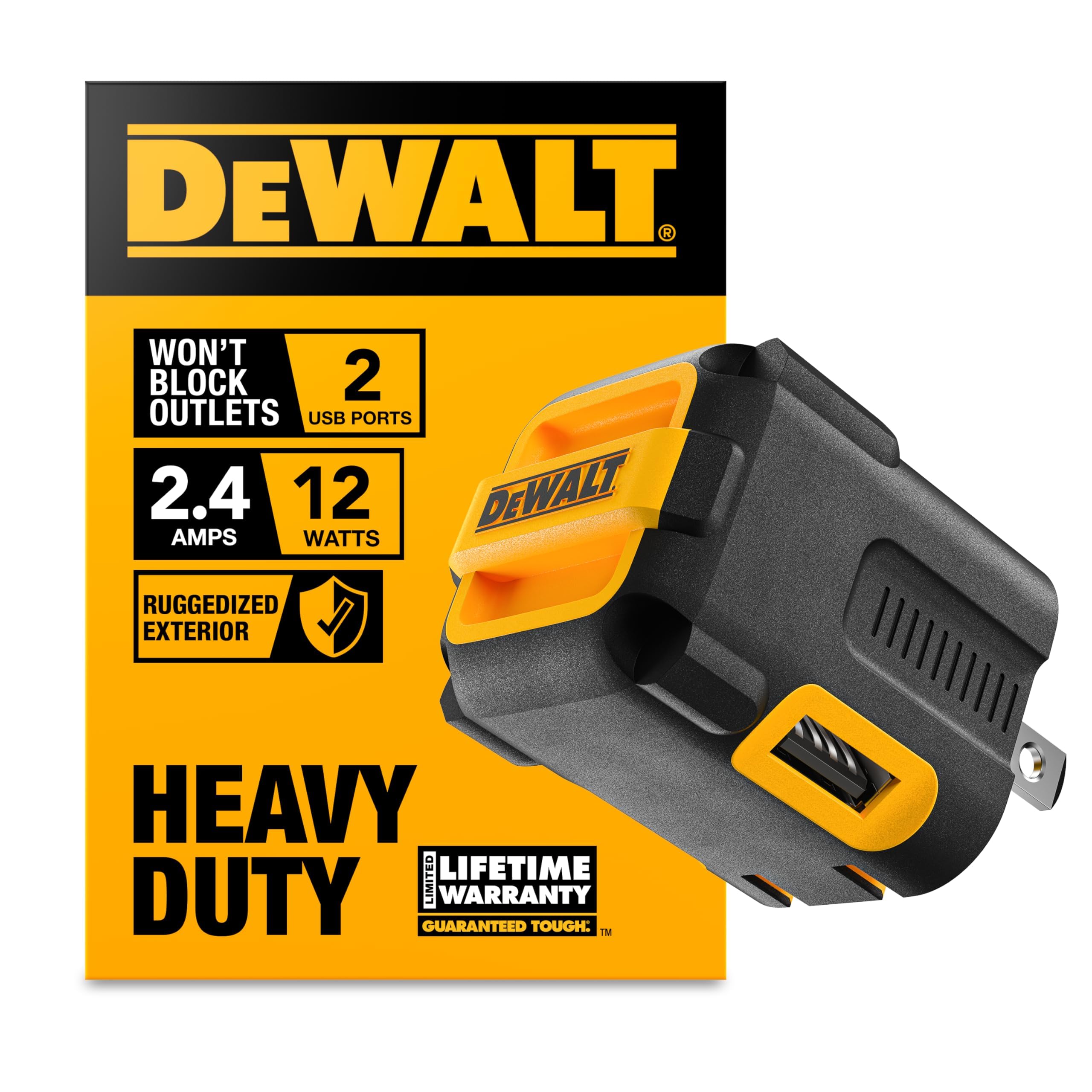 DEWALT Heavy Duty NeverBlock USB Charger, Angled Dual Port 12W Wall Charger Adapter, Foldable Plug, Charging Box Brick, Cube for iPhone 15 14 13 12 11 Pro Max, Galaxy S22 S21 Note 20, HTC, Moto, LG