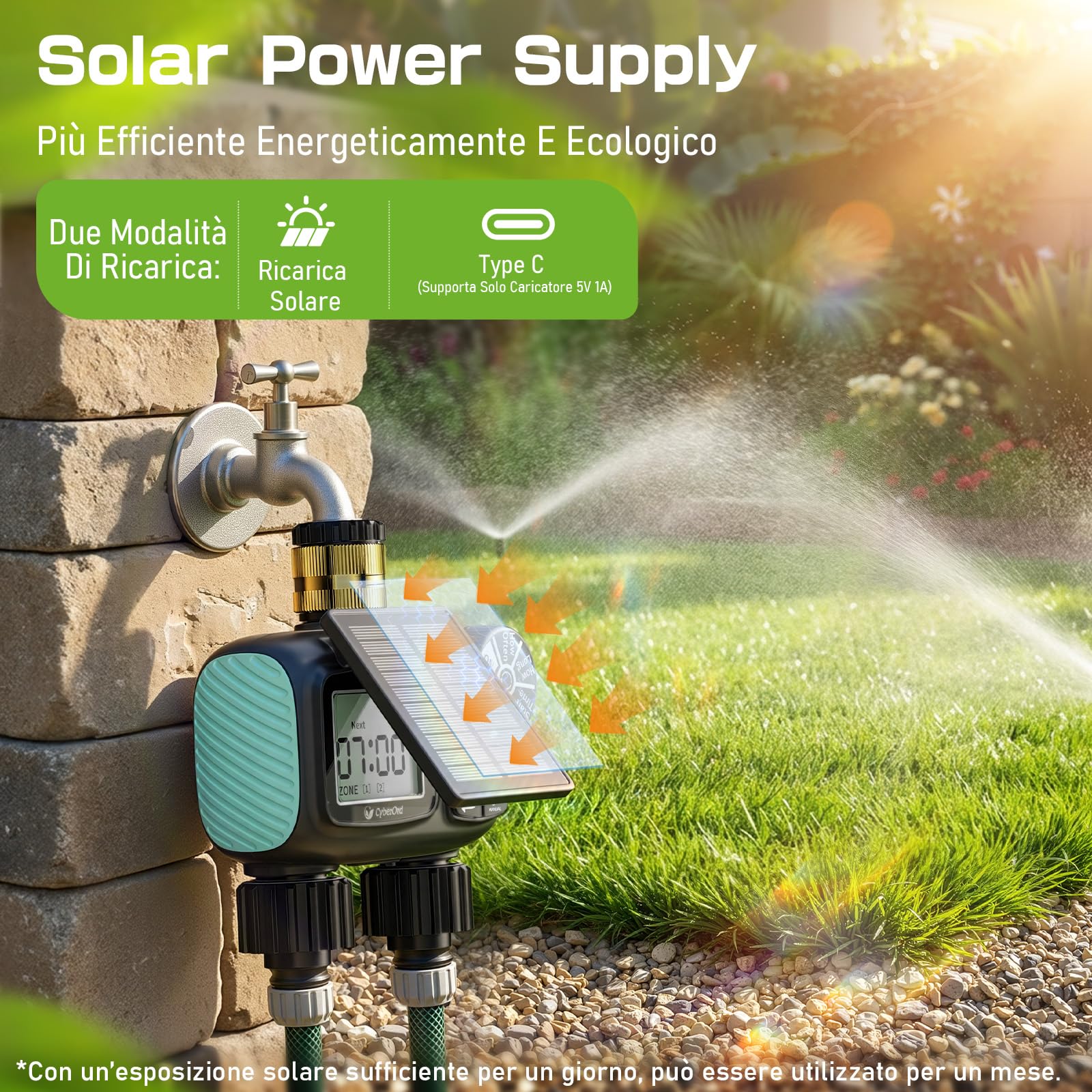 Timer per Irrigazione Solare CyberOrd a 2 Zone, Centralina Irrigazione con Ricarica Solare, Programmatore di Irrigazione con Modalità Auto/Manuale/Ritardo Pioggia per Prato/Patio/Giardino