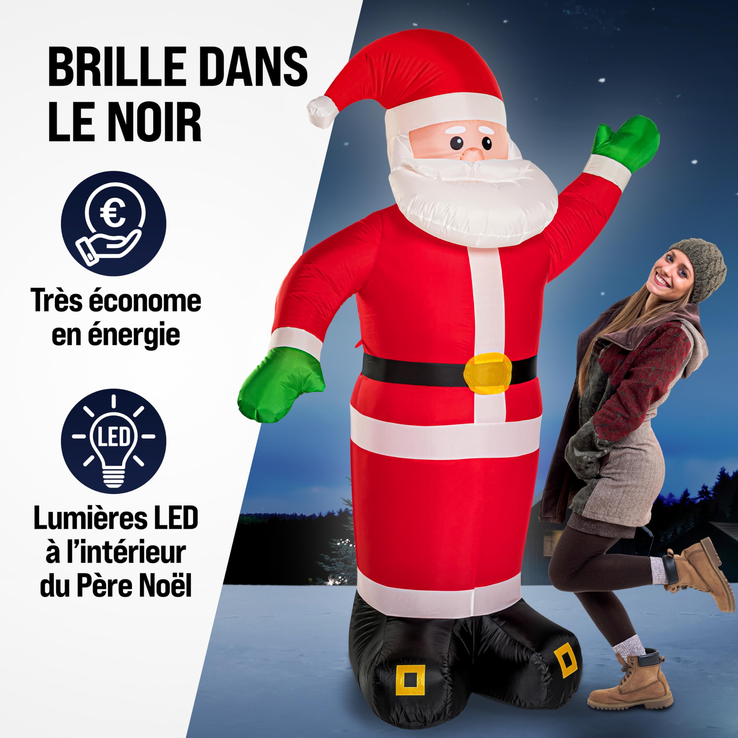 MONZANA® Père Noël Gonflable XXL 250cm - Éclairage LED IP44 Lumineux - Matériel de Fixation - Décoration Noël Extérieur - Personnage Autogonflant