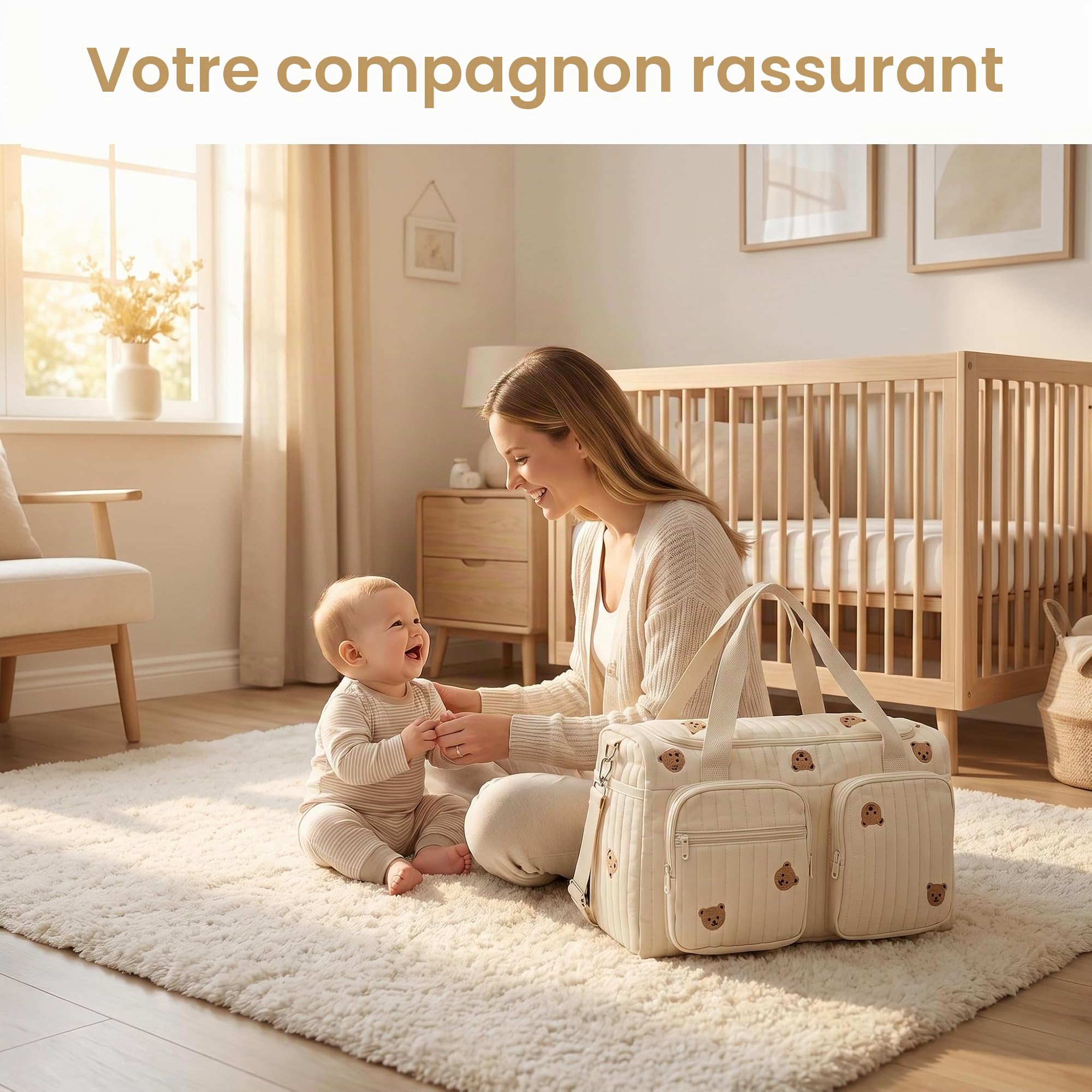 Sac à Langer Bebe Bandoulière 48x26x22cm, Sac de Maternité Multi Poches, Sac de Voyage Femme avec Ceinture Ajustable