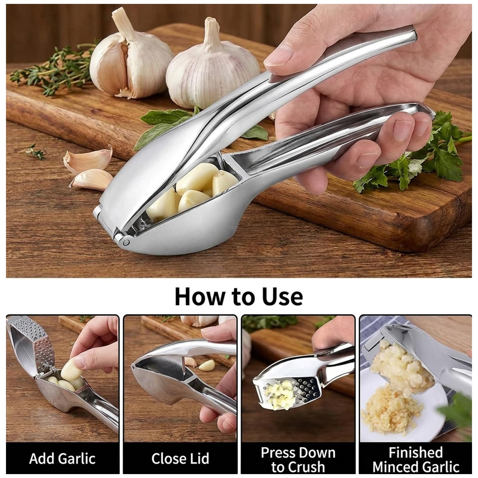 Prensa de ajos premium de acero inoxidable – Triturado de ajo y jengibre sin esfuerzo – Ergonómica, duradera, apta para lavavajillas, ideal para cocinas domésticas
