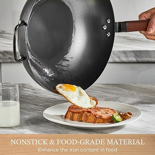 Miniatura 9 de KITEXPERT Wok de acero al carbono con tapa, sartenes antiadherentes de 13 pulgadas con mango de madera, wok chino sin revestimiento químico con