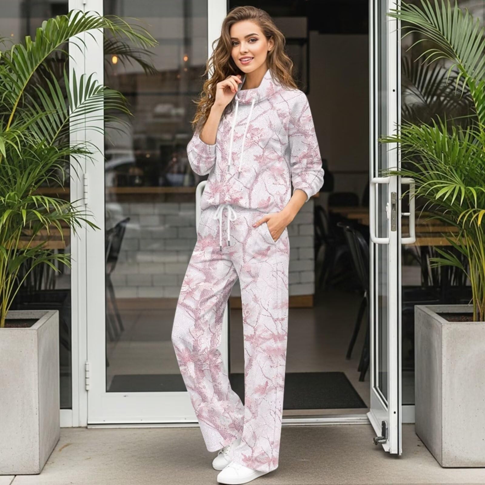 SEANATIVE Conjunto de sudadera de cuello alto de 2 piezas con pantalones deportivos de pierna ancha a juego, conjunto de descanso de gran tamaño para mujer, conjunto de chándal de talla grande, Caza