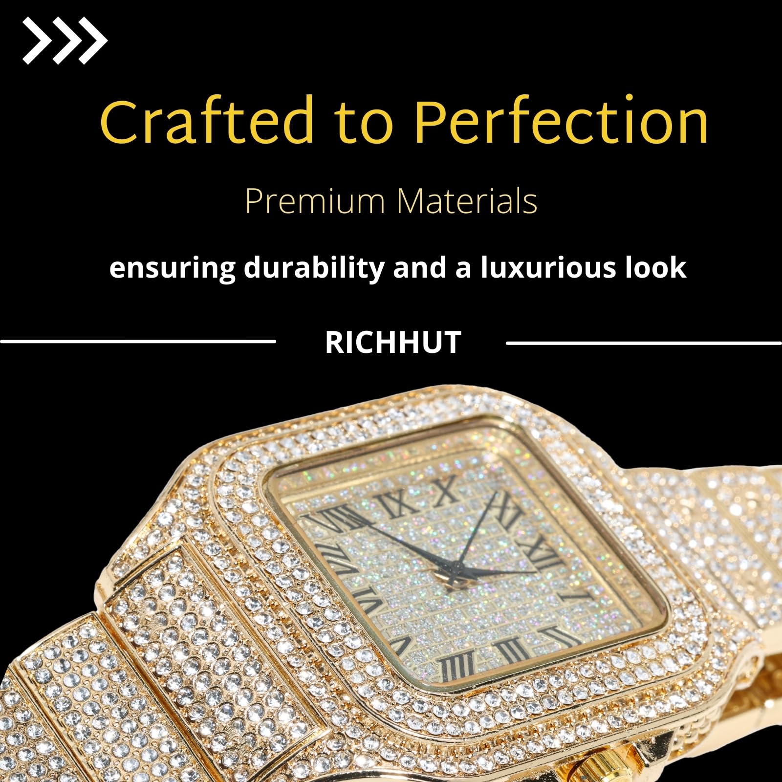 Reloj de diamantes para hombre y hombre, esfera cuadrada, pulsera de 20 mm de ancho, chapado en oro real/oro blanco de 18 quilates, chapado en platino, con juego de cadena de tenis opcional