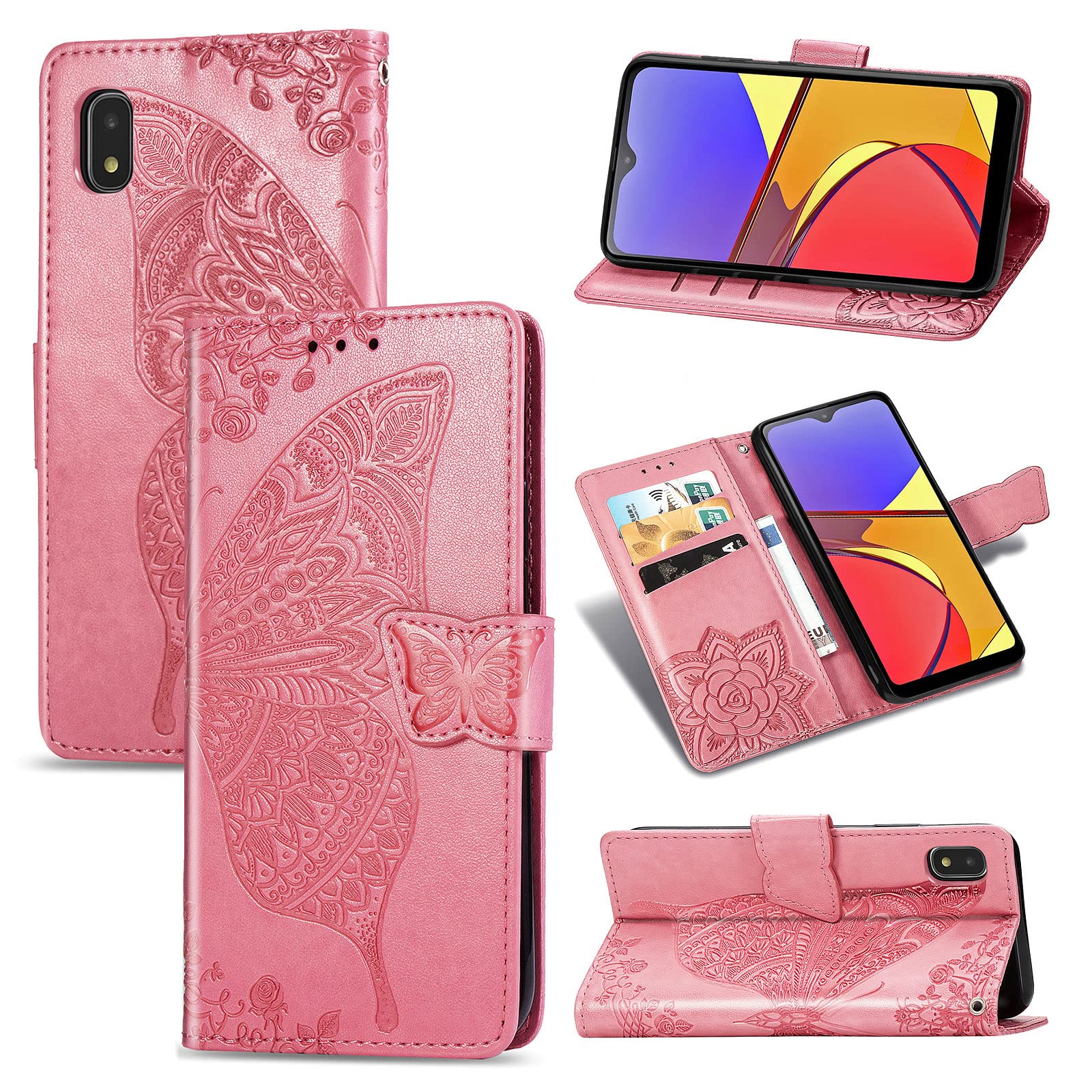 に適用するGalaxy A21 SC-42A ケース 手帳型 Galaxy A20 SC-02M SCV46 ケース 手帳型 ノートブック型携帯電話保護カバー多機能携帯電話ホルスター財布携帯電話ホルダーバンプパターンテクスチャ耐久性摩擦耐性携帯電話ケース男性と女性に適した多色オプション (バタフライピンク)