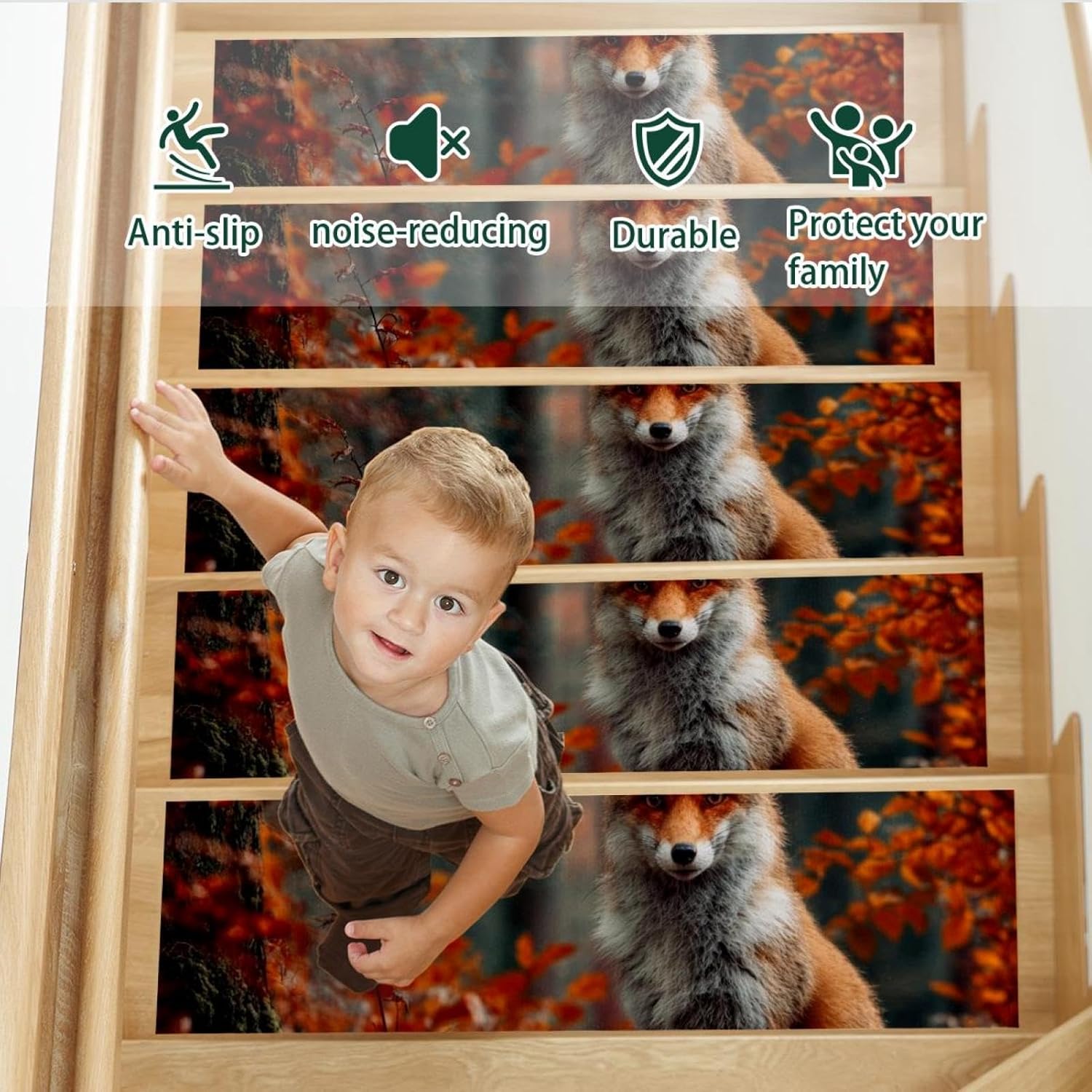 15 Pack Stair Treads for Wooden Steps, Indoor Non-Slip Staircase Step Treads Carpet Mat, Autumn Forest Fox (7) Stair Mats for Pets Dogs Elders 8x30In