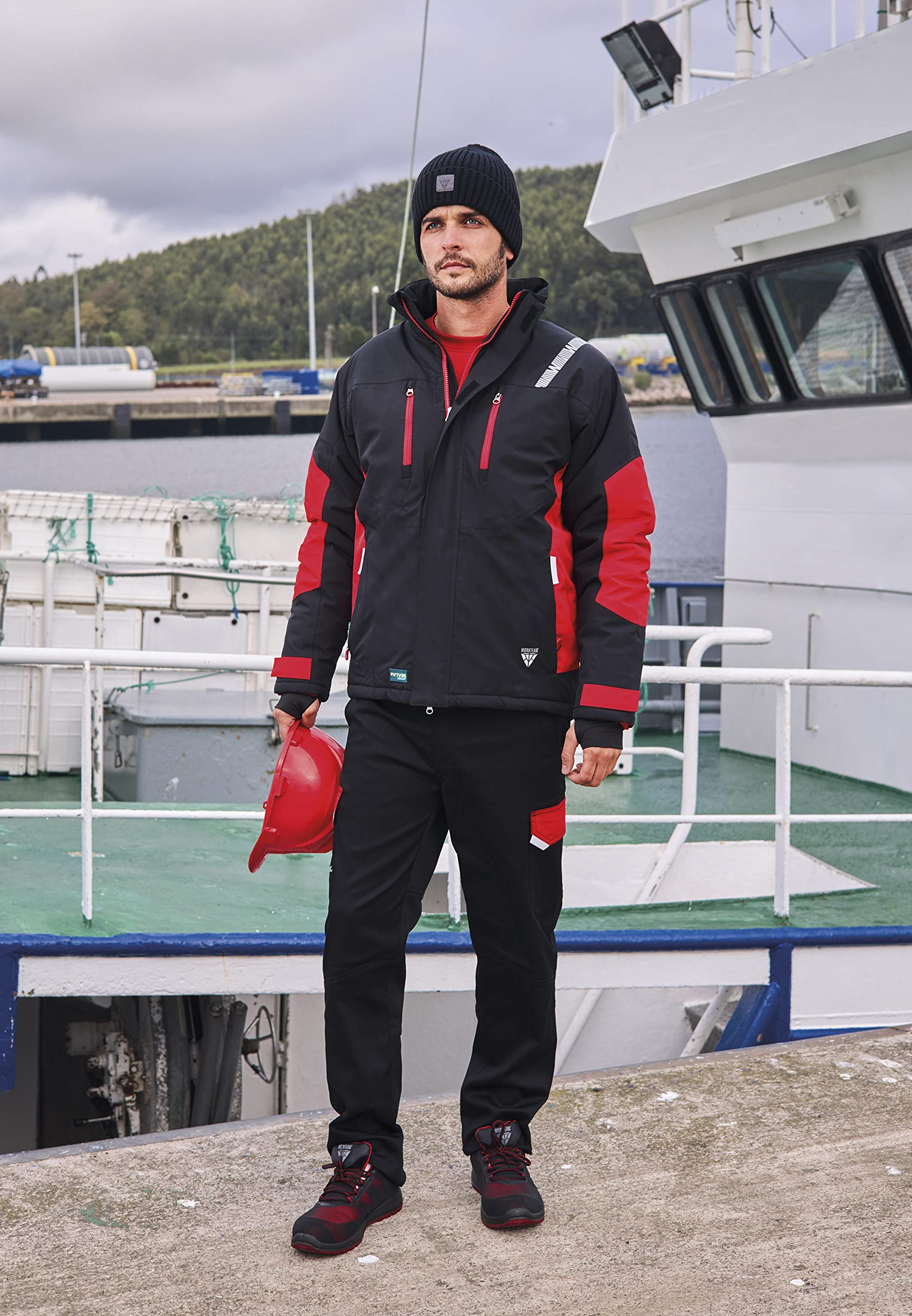 Teamwork WORKTEAM Parka con capucha combinada y detalles reflectantes, Acolchada. Ideal para trabajo, tiempo libre, etc. Unisex Negro+Rojo-L