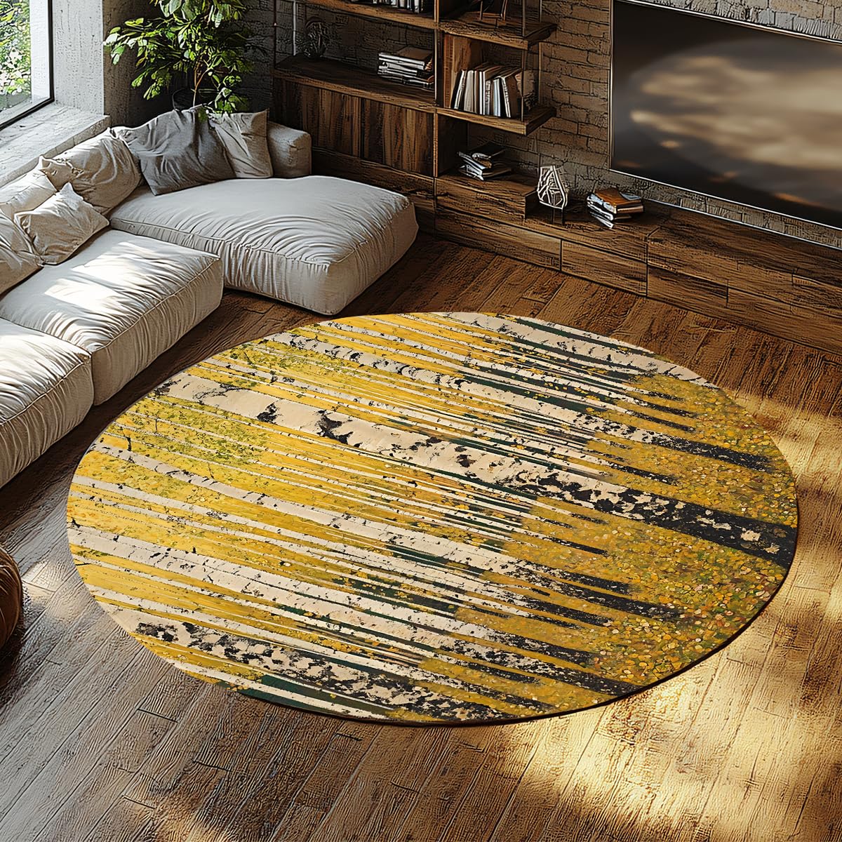 Herbst Wald Runder Teppich Birke Szene Gelb Kreis Bereich Teppiche Waschbar Pflegeleichter Nicht ablösender Teppich für Wohnzimmer Balkon Terrasse 200cm