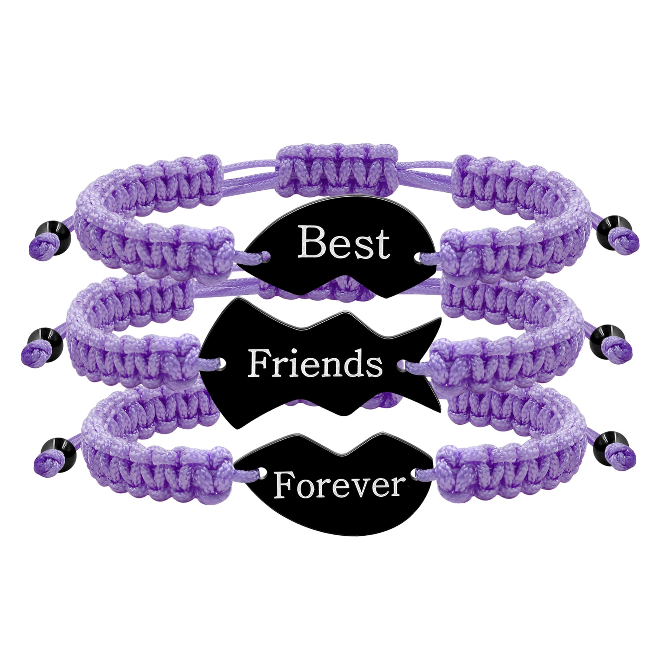 BFF Matching Bracelets Set of 3 - Braided Heart Puzzle Charm Friendship Jewelry for Best Friends, Couples | Engraved Long Distance Gift for Women &amp; Men