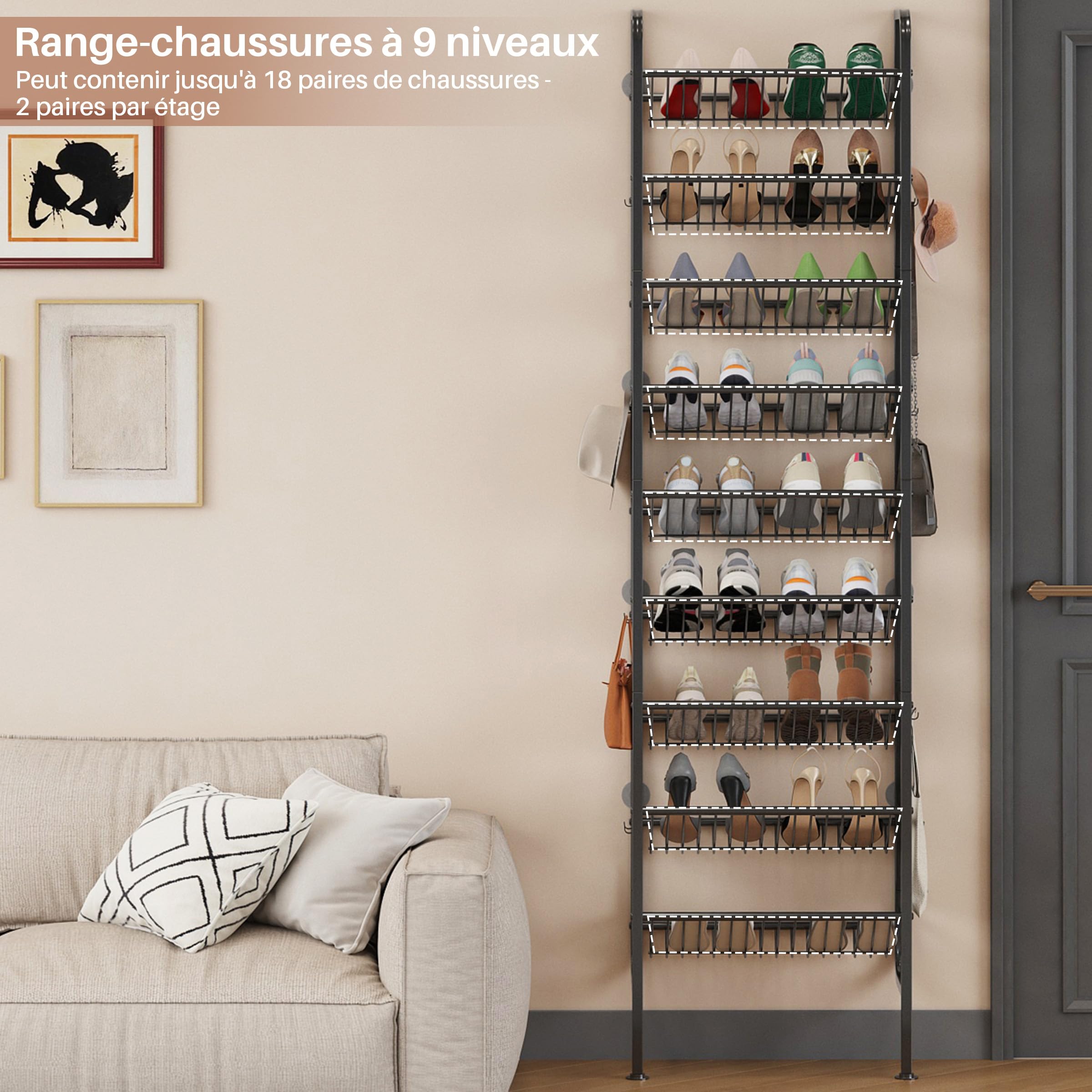 Étagère à Chaussures pour Porte, Noir, 45,4 x 20 x 175 cm | 9 Niveaux, Métallique, ModèLe Ouvert avec 12 Crochets - Garde-Manger, Couloir, Salon